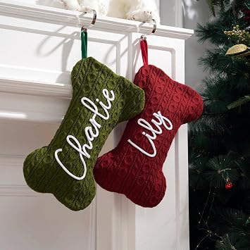 Personalized Dog Bone Christmas Stocking, Cable Knit Fabric, Custom Pet Name, Holiday Decoration, 18 Inch Length, Available Green Red White Grey