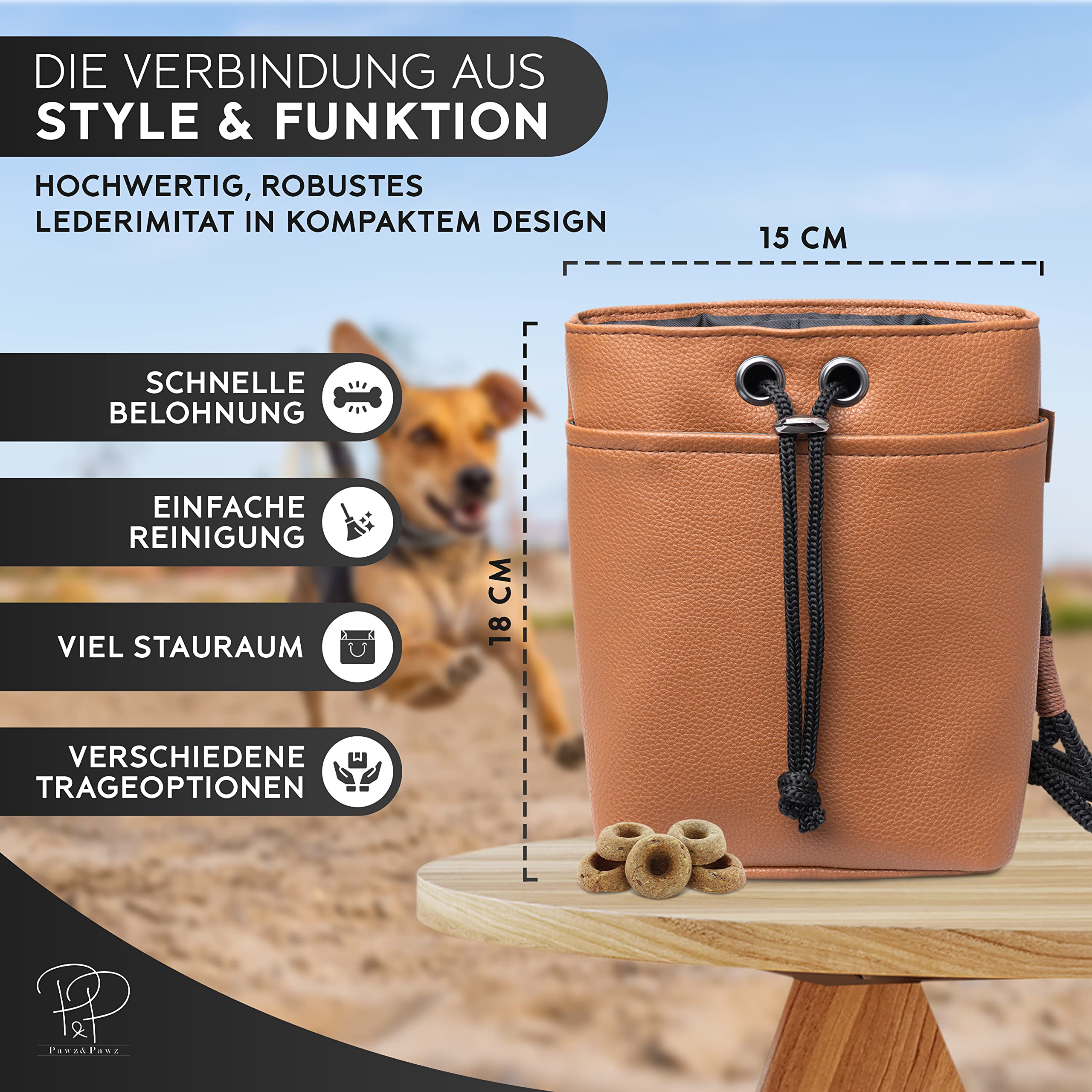 Pawz&Pawz Leckerlitasche für Hunde | Die stylische Wahl für Futterbeutel Hundetraining & Welpen-Erziehung | Praktisch, robuster Leckerlibeutel + Kotbeutelspender | Gassi-Tasche Hund