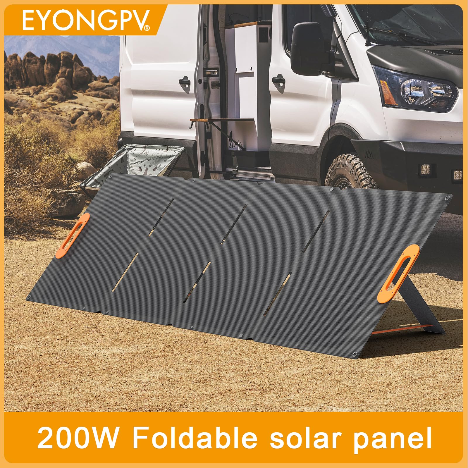 EYONGPV Składany panel słoneczny 200 W, 26% ogniw HPBC, wodoodporna przenośna ładowarka solarna IP65 z wyjściem Andersona 30 A i kablem 4,5 m, do kampera, kempingu, elektrowni zewnętrznych