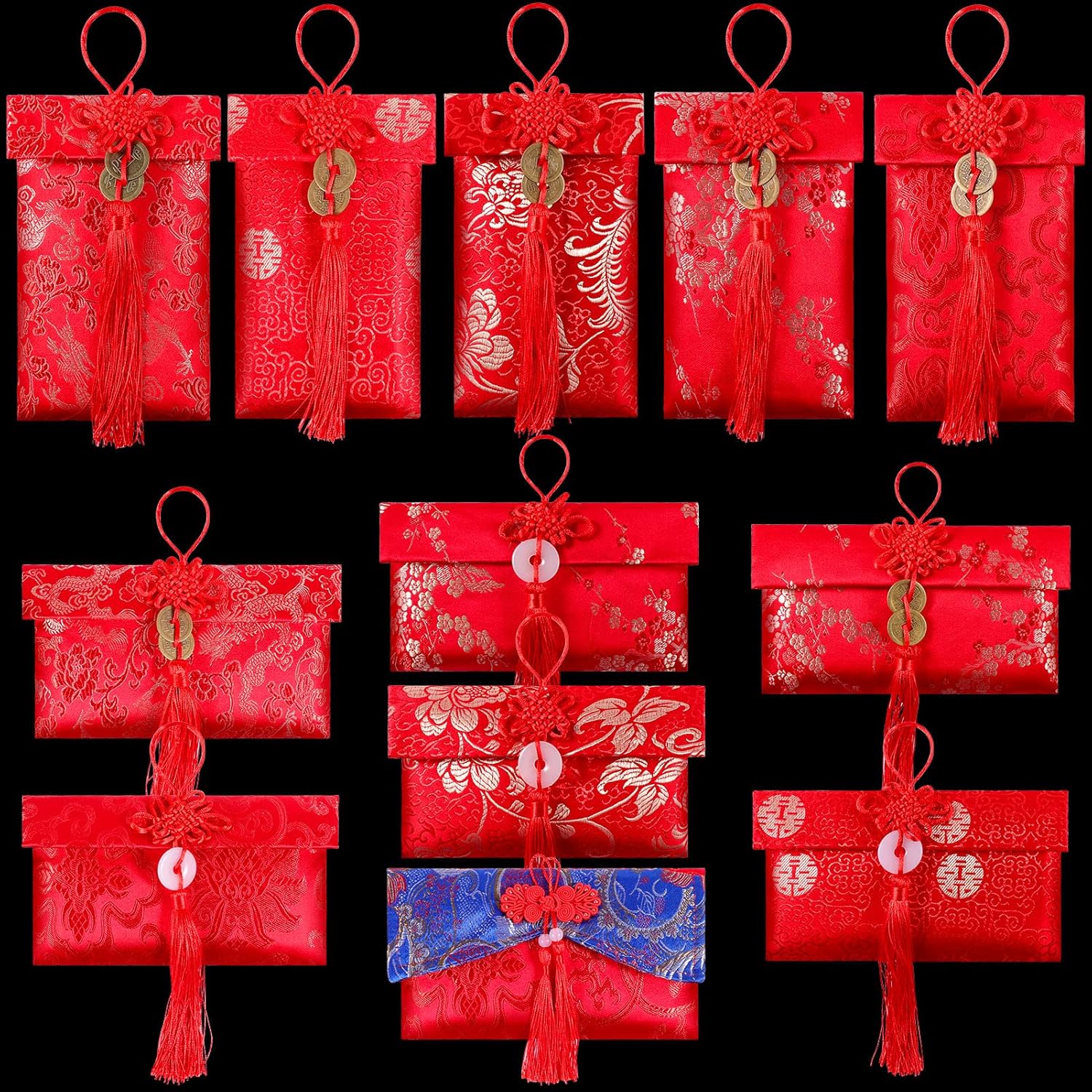13PCS Silk Red Envelope Chinese Red Pocket Lucky Money Hong Bao Card Envelope for Spring Festival Wedding New Year Birthday,13 Styles with Chinese Knot Jade Pendant Copper Coin