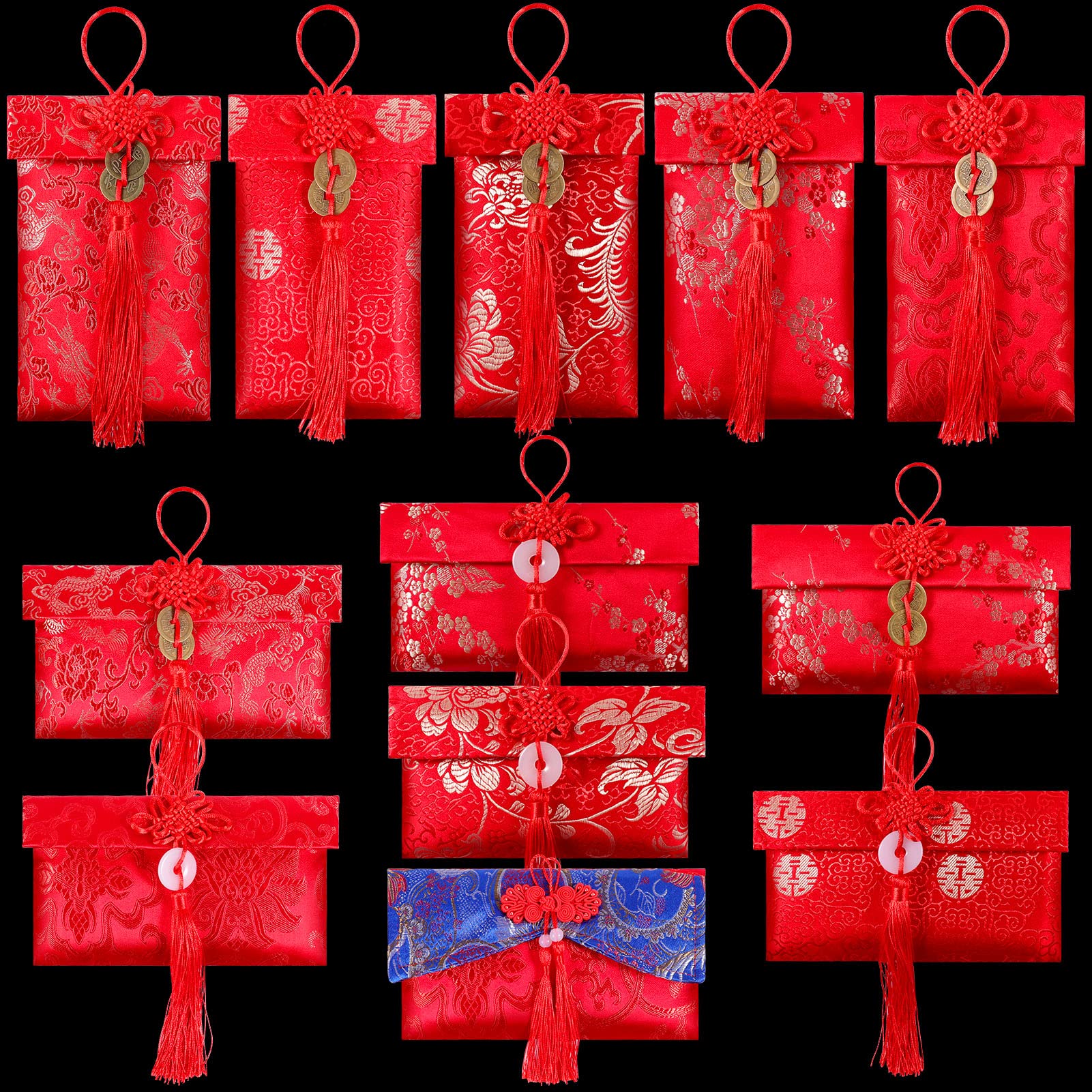 12 Pieces Silk Red Envelope Chinese Red Pocket Lucky Money Hong Bao Card Envelope for Spring Festival Wedding New Year Birthday, 12 Styles with