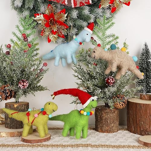 Vista 7 de Juegoal Juego de 4 adornos de dinosaurio de fieltro de Navidad, decoración colgante de lana de Navidad, manualidades de animales, decoración