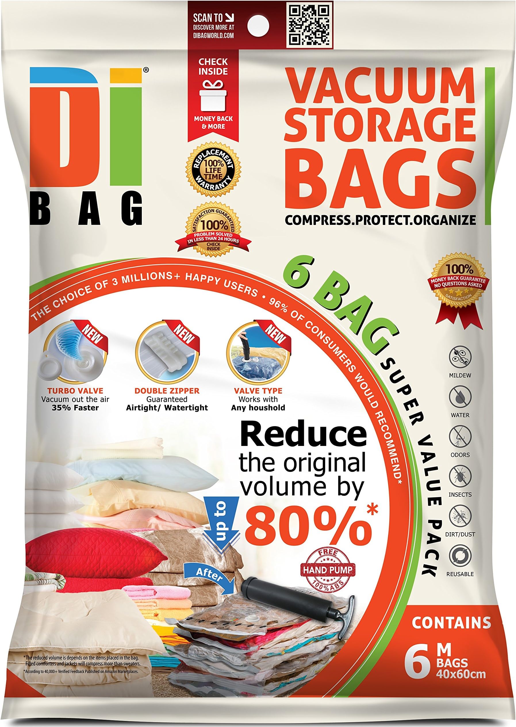 DIBAG 6 Vacuum Storage Bags For Small Duvets, Bedding, Linens, Pillows, Curtains, Blankets, Cushions, Towels & More, Bag Size: 60 x 40cm
