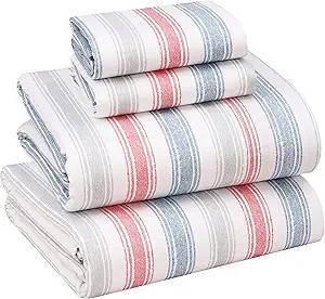 RUVANTI 100% Cotton Sheets Queen Size Set, 4 Pieces, Soft & Breathable Percale Weave Bedding, Deep Pocket 16", Hotel Standard, Crisp Cool Feeling, Durable, Perfect Striped Bed Sheet, Times