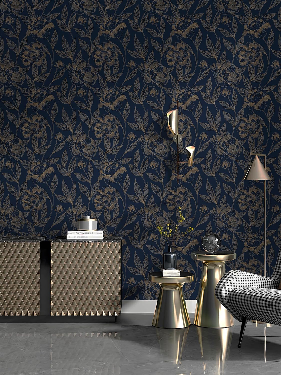 Vinjiasin Peel and Stick Wallpaper for Bedroom Removable Self Adhesive Wall Paper Dark Blue and Gold Floral Contact Paper Bathroom Decoral 17.3"x 197"