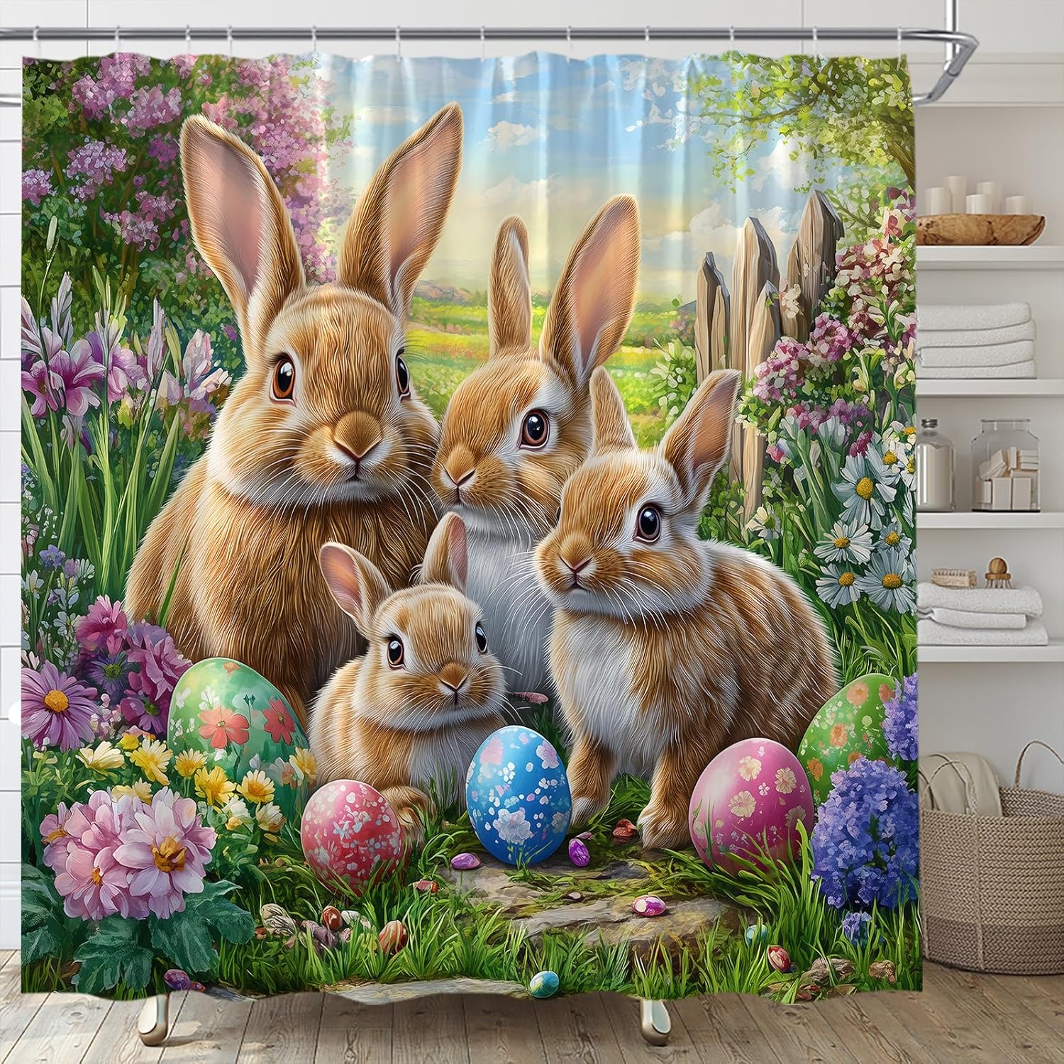 GCTNBJL Easter Shower Curtain Bunny Egg Rabbit Flower Floral Nature Spring Green Brown Purple Extra Long Bathroom Home Curtain with Hooks,70x84 Inch