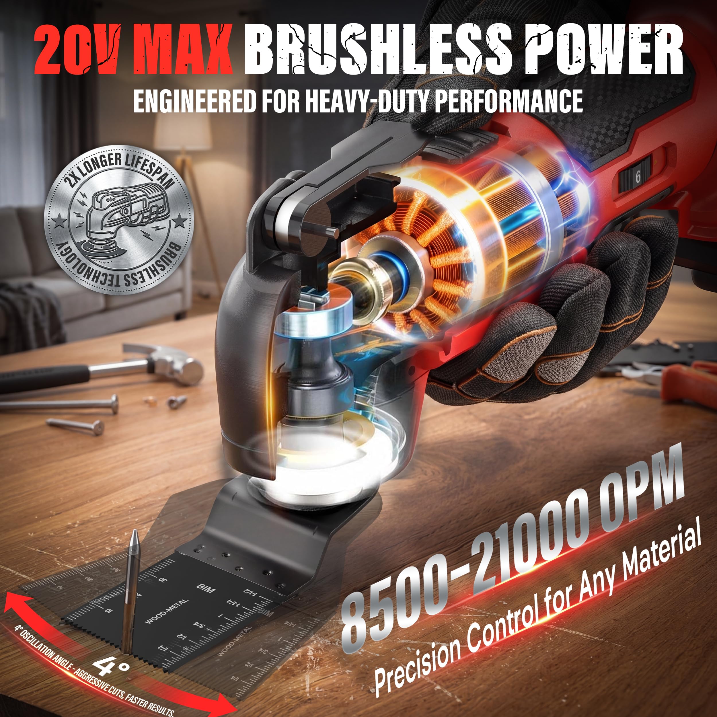 TEENO Outil Multifonction Oscillant Sans Fil 20V, Brushless Outil Multifonction Sans Fil, 6 Vitesses Variables, 8500-21000 tr/min, Chargeur, Angle Oscillant 4°, Pour Racler, Polir, Couper