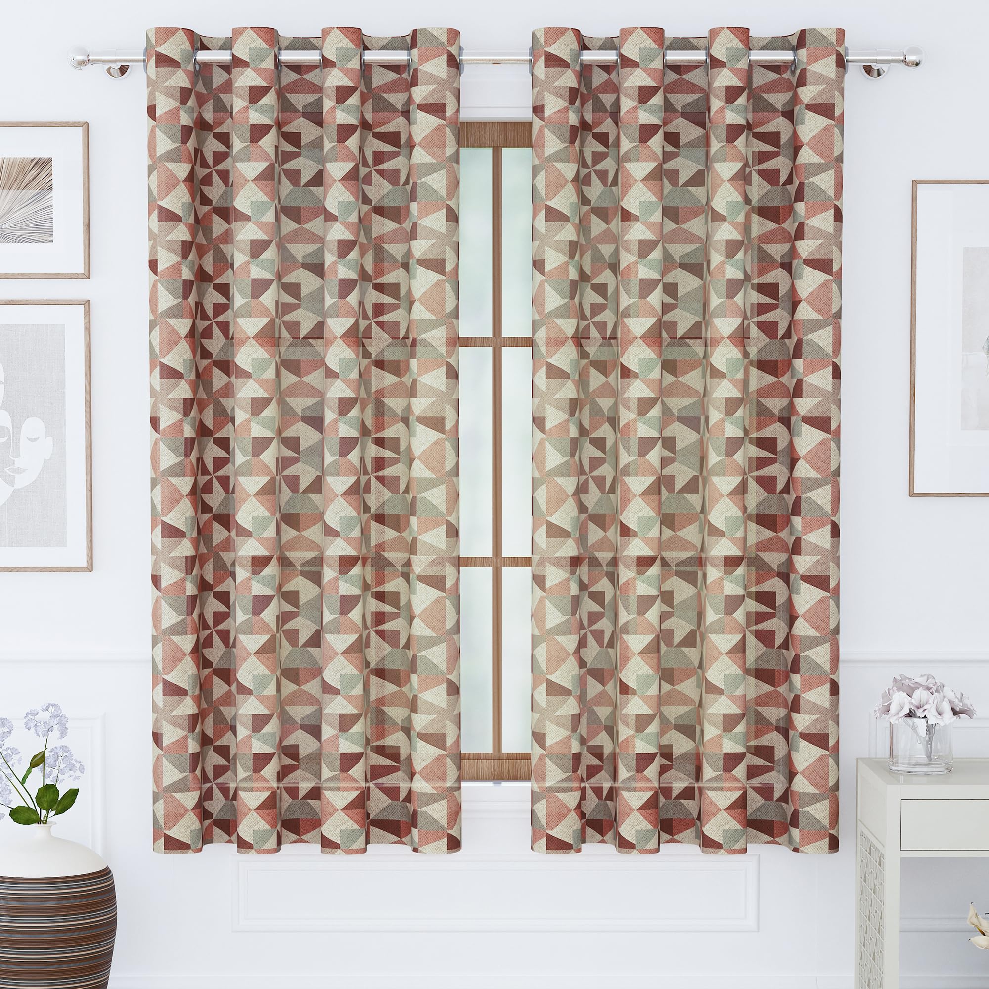 Story@Home Window Curtains 5 Feet Long Set of 2 | Geometric Printed | Semi Transparent Curtain | Net Curtains | Sheer Curtain for Living Room | (118 X 152 Cm, Brown & Red) | Perfect for Home Decor 3
