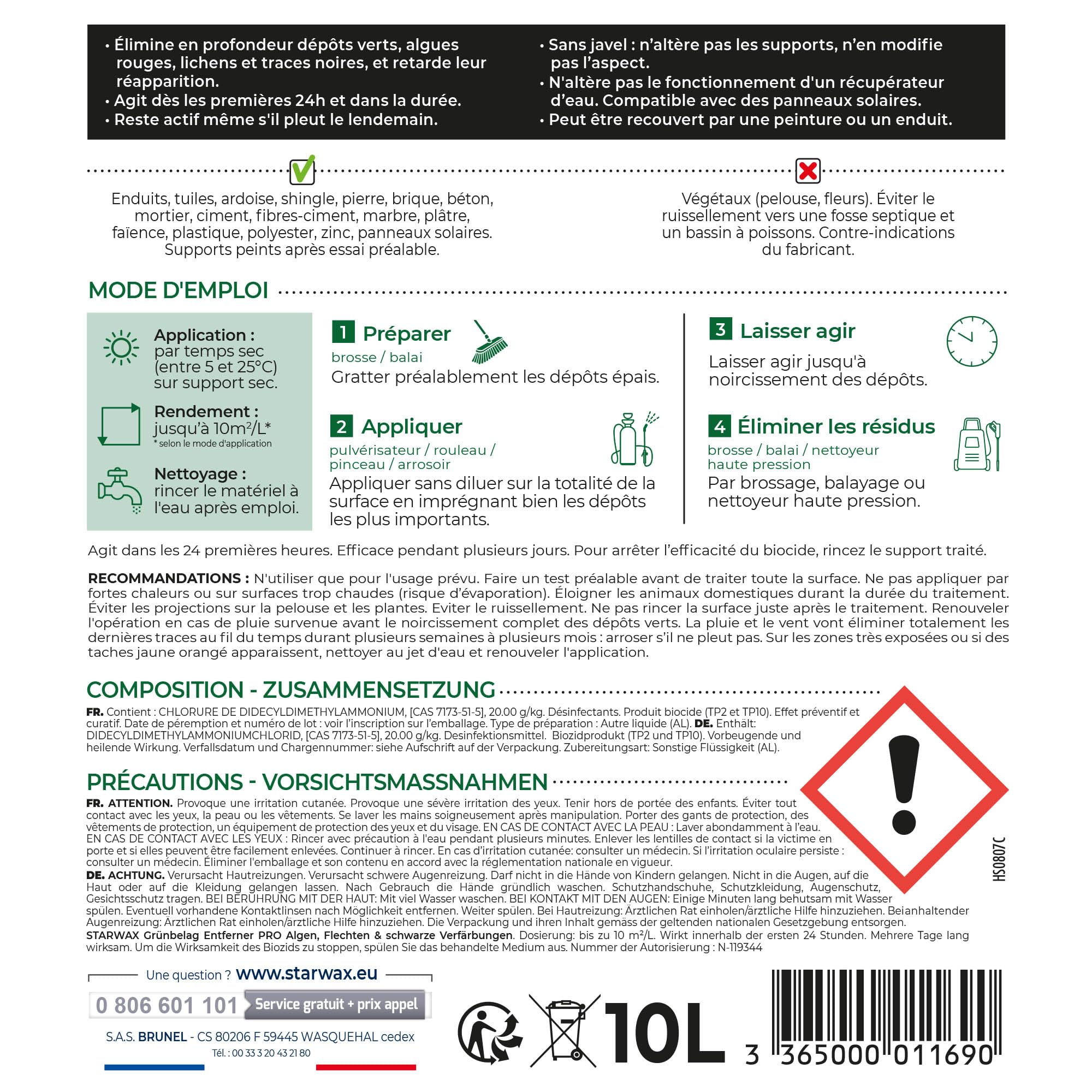 STARWAX Destructeur Tout en un de dépôts verts rouges lichens et traces noires 10L, prêt à l'emploi, toitures murs et sols extérieurs, algicide curatif et préventif, sans javel, rendement 10m²/L