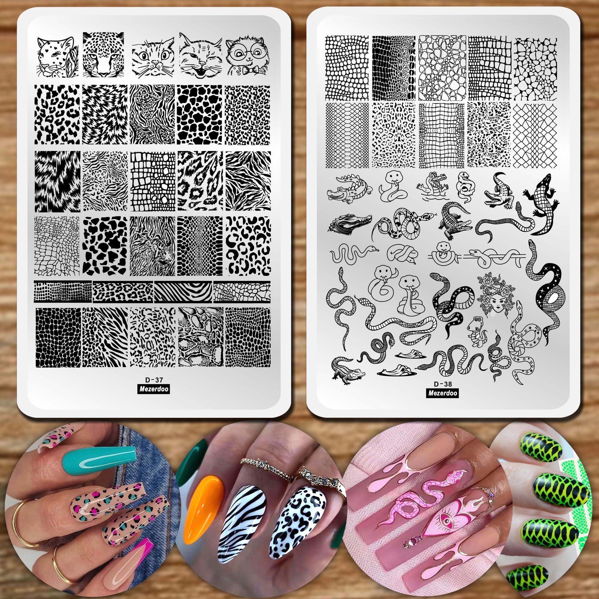 Leopard Snake Nail Stamping Plate Stencils for Nail Art Reusable 2Pcs Large Size Nail Stamper Plates Templates Cat Crocodiles Stripes Line Print Nail Design Stamp Plate Stainless Steel Nail Art Tools