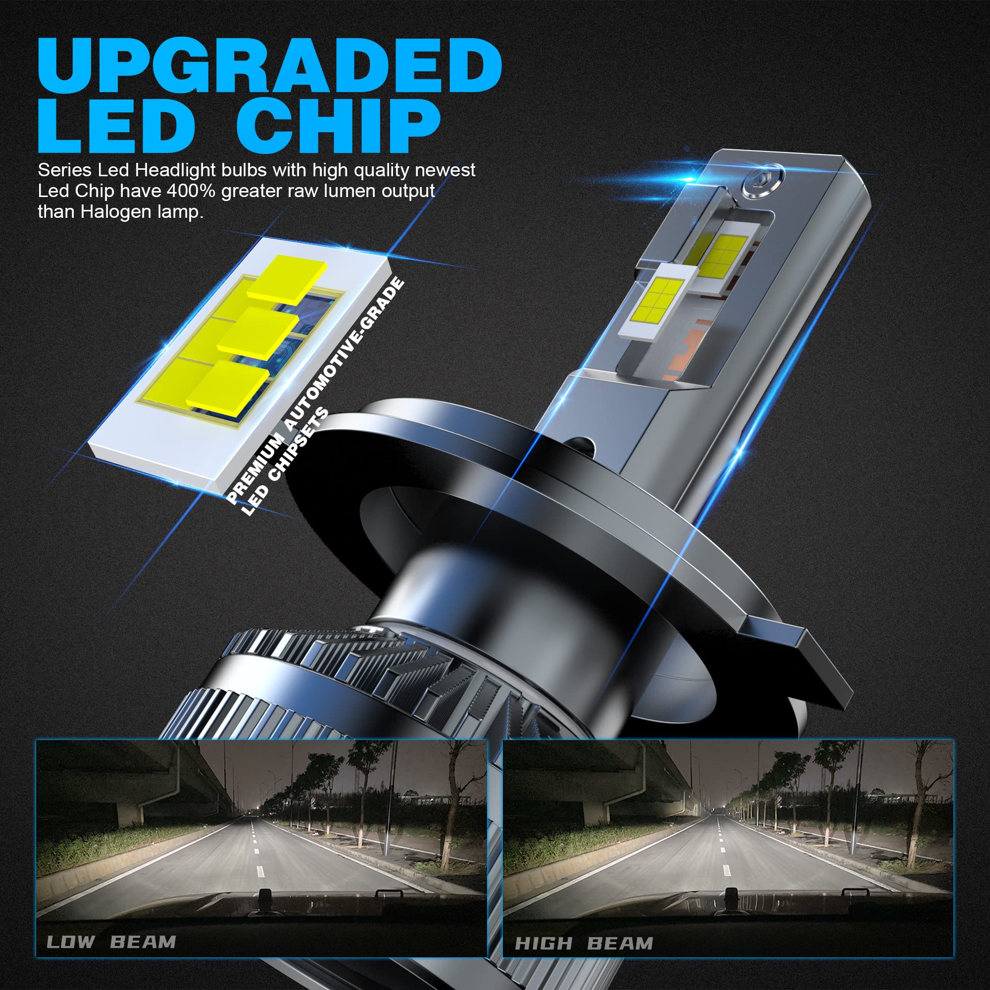 D-Lumina H4 Bombilla LED para Faros Delanteros para automóviles y Camiones, 400% Bombillas LED superbrillantes 26000LM 6000K Kit de conversión de Bombilla LED, 2 años de garantía, 2 Piezas
