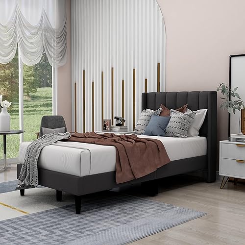 Base de cama de plataforma tapizada completa con cabecero, base de colchón, soporte de listones de madera, silencioso, no necesita somier, fácil de