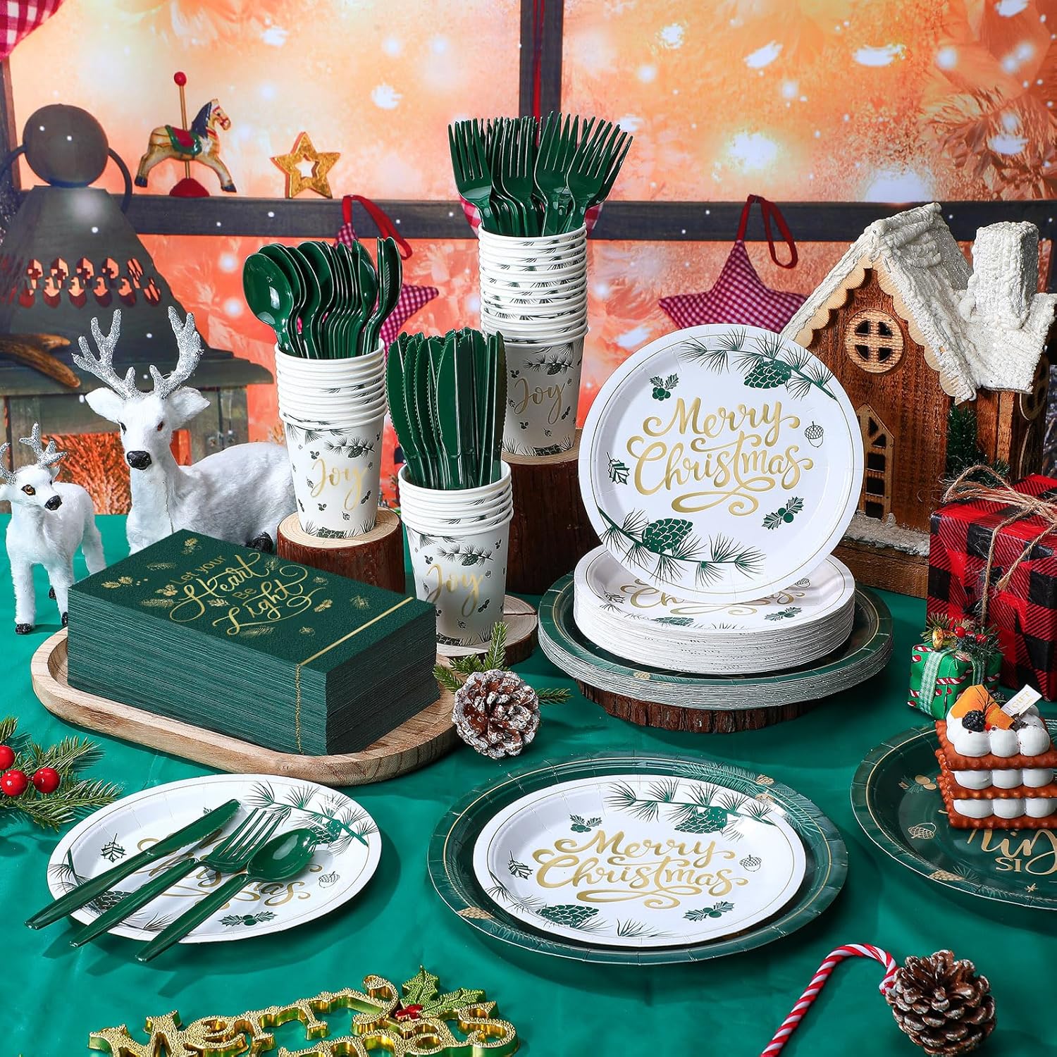 Dandat 402 Pcs Christmas Plates and Napkins Party Supplies Disposable Christmas Table Dinnerware Set Party Plates Napkins Cups Tablecloth for Holiday Xmas(Green,Pine Branch)