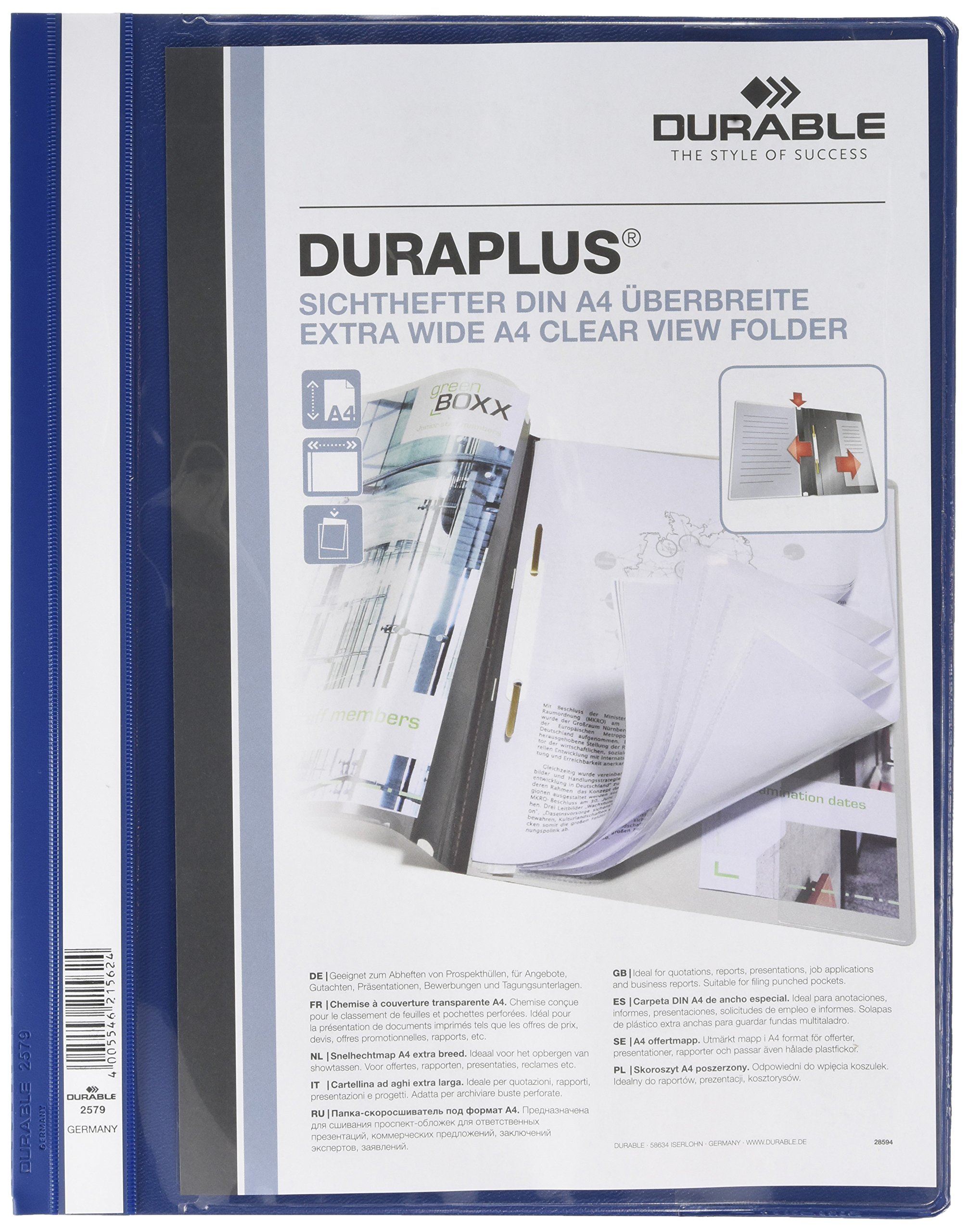 DURABLE - Protège-document DURAPLUS - Chemise de présentation A4+ - Avec couverture transparente - Bleu foncé - Boîte de 25 pièces - 257907