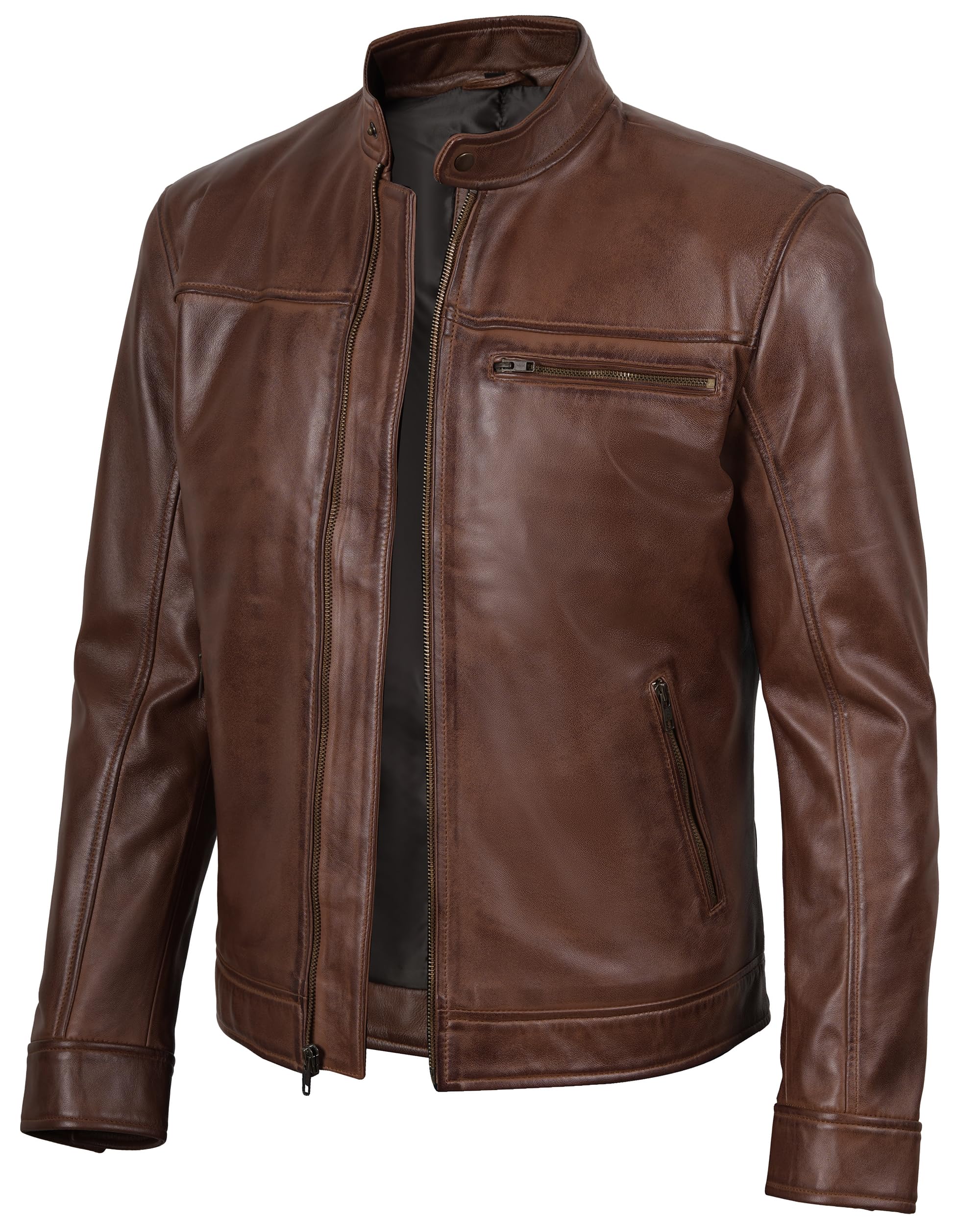 fjackets Mens Leather Jacket - Real Lambskin Cafe Racer Moto Biker Stand Collar Jacket All Season