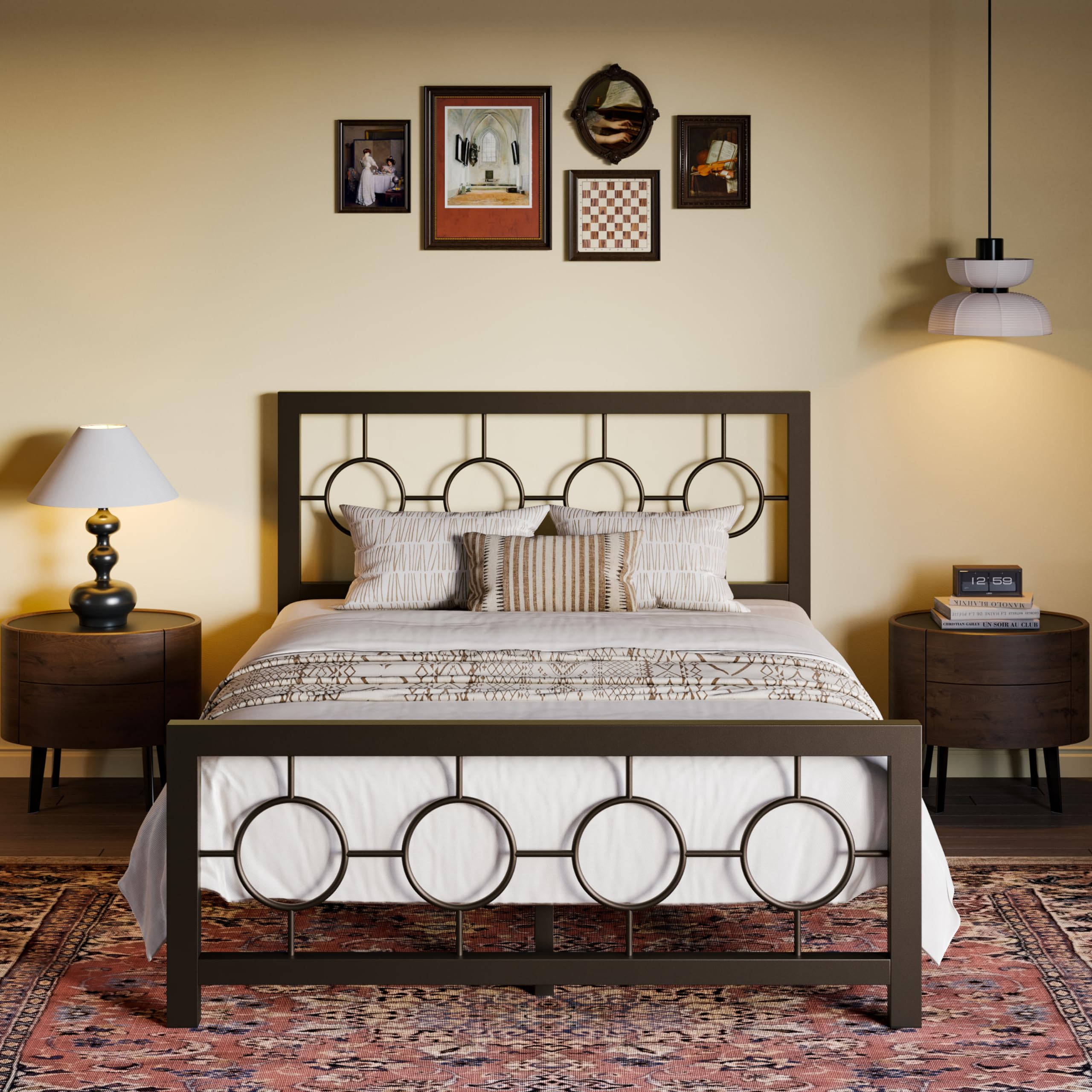 SHA CERLIN Full Size Metal Bed Frame with Vintage Circular Design Headboard and Footboard,No Box Spring Required,Easy Assembly,Noise-Free,Brown