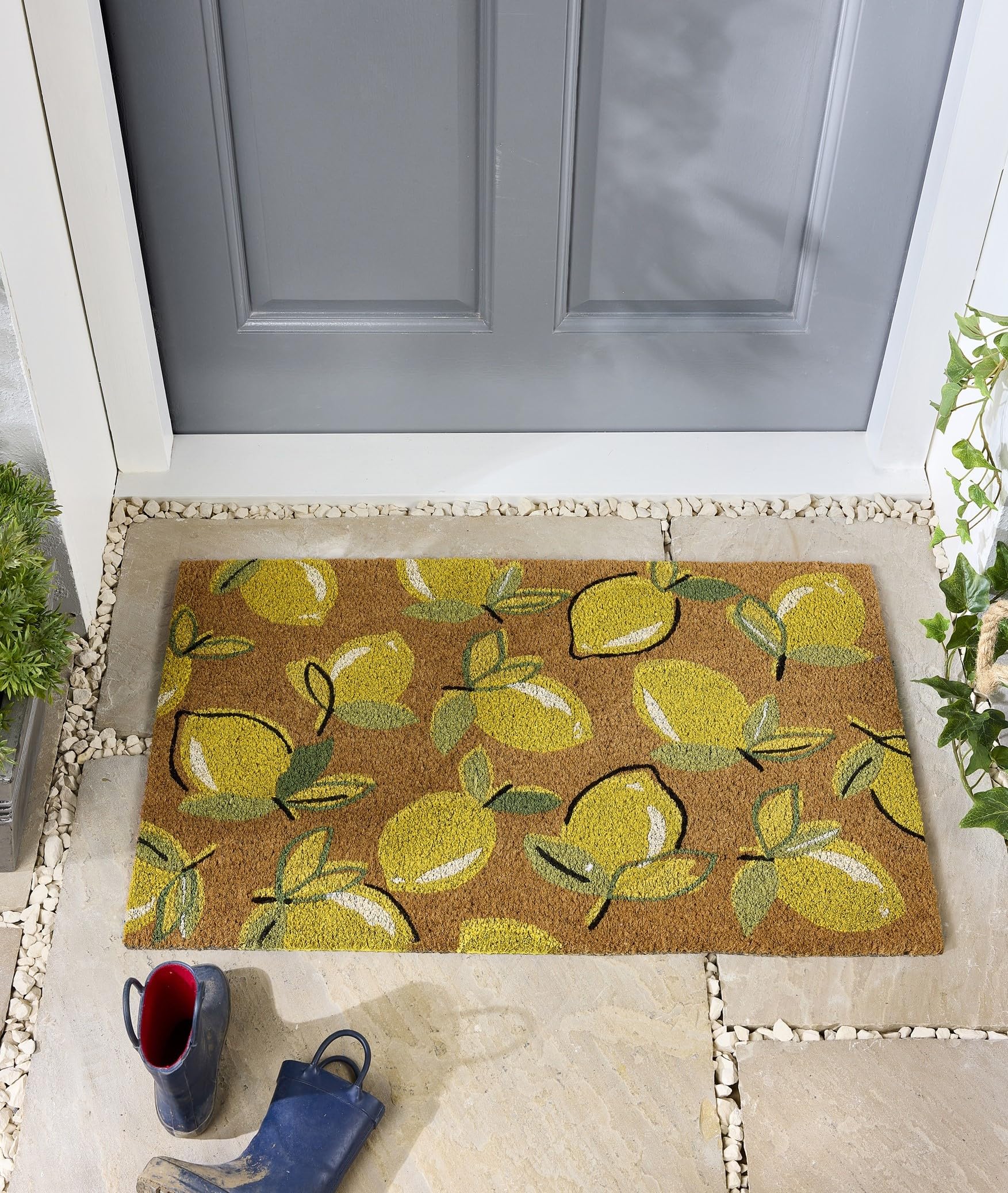 Coir Door Mat for Doorway, Home Entry, Balcony, Garden, Dirt Trapper Entrance Indoor Outdoor Non-Slip Absorbent Welcome Mat Natural Doormat in 45 x 75 cm (Lemons)