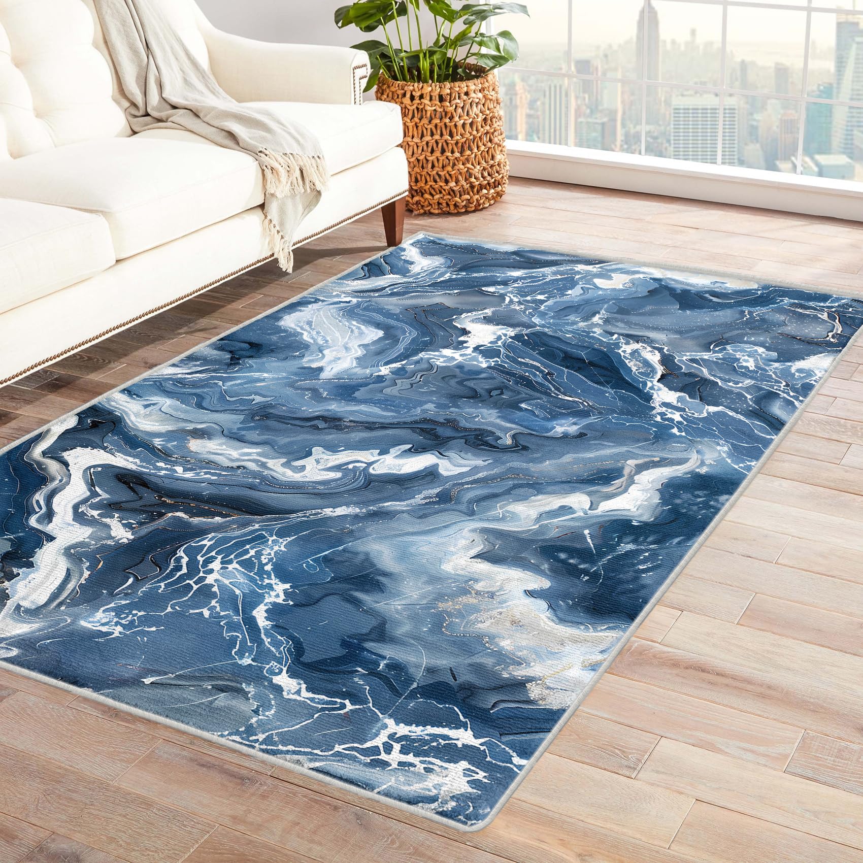 Blue White Marble Area Rugs, Modern Swirl Rug 8x12, Washable Rugs for Bedroom, Living Room, Dining Room, Home Office, Contemporary Abstract Carpet & Decor, Low Pile, Stain Resistant