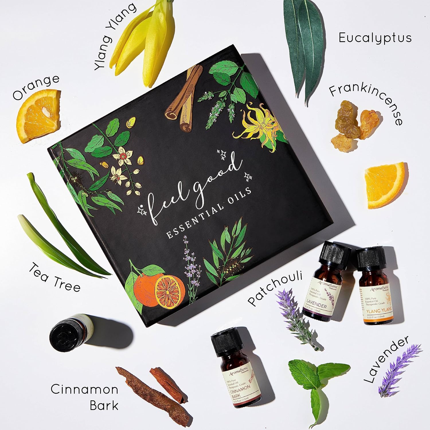 AROMAFUME Feel Good Gift Set | 100% Pure, Therapeutic Grade Essential Oils | 8 x 10ml Bottles | Tea Tree, Ylang Ylang, Cinnamon Bark, Frankincense, Orange, Patchouli, Lavender & Eucalyptus