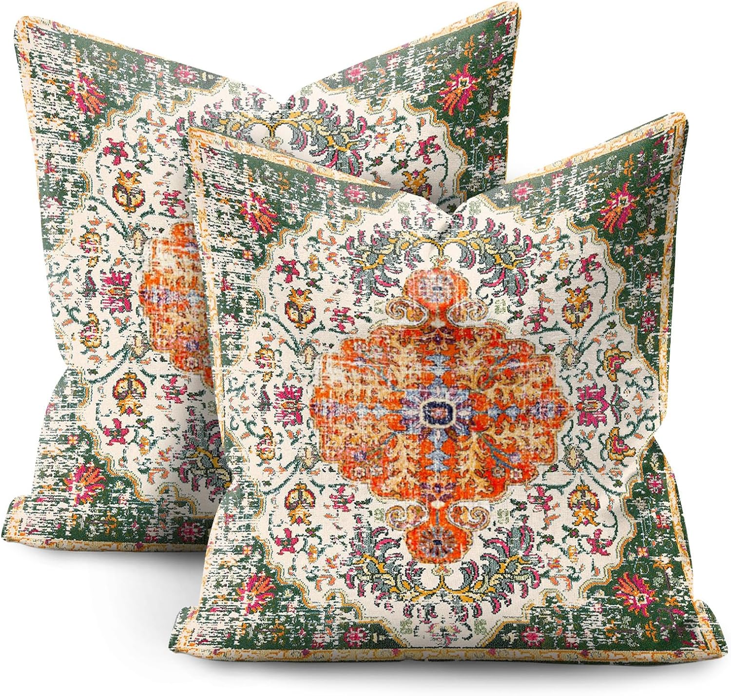 WWH Orange Green Boho Pillow Covers,Boho Pillow Cover 18x18 Set of 2 Decorative