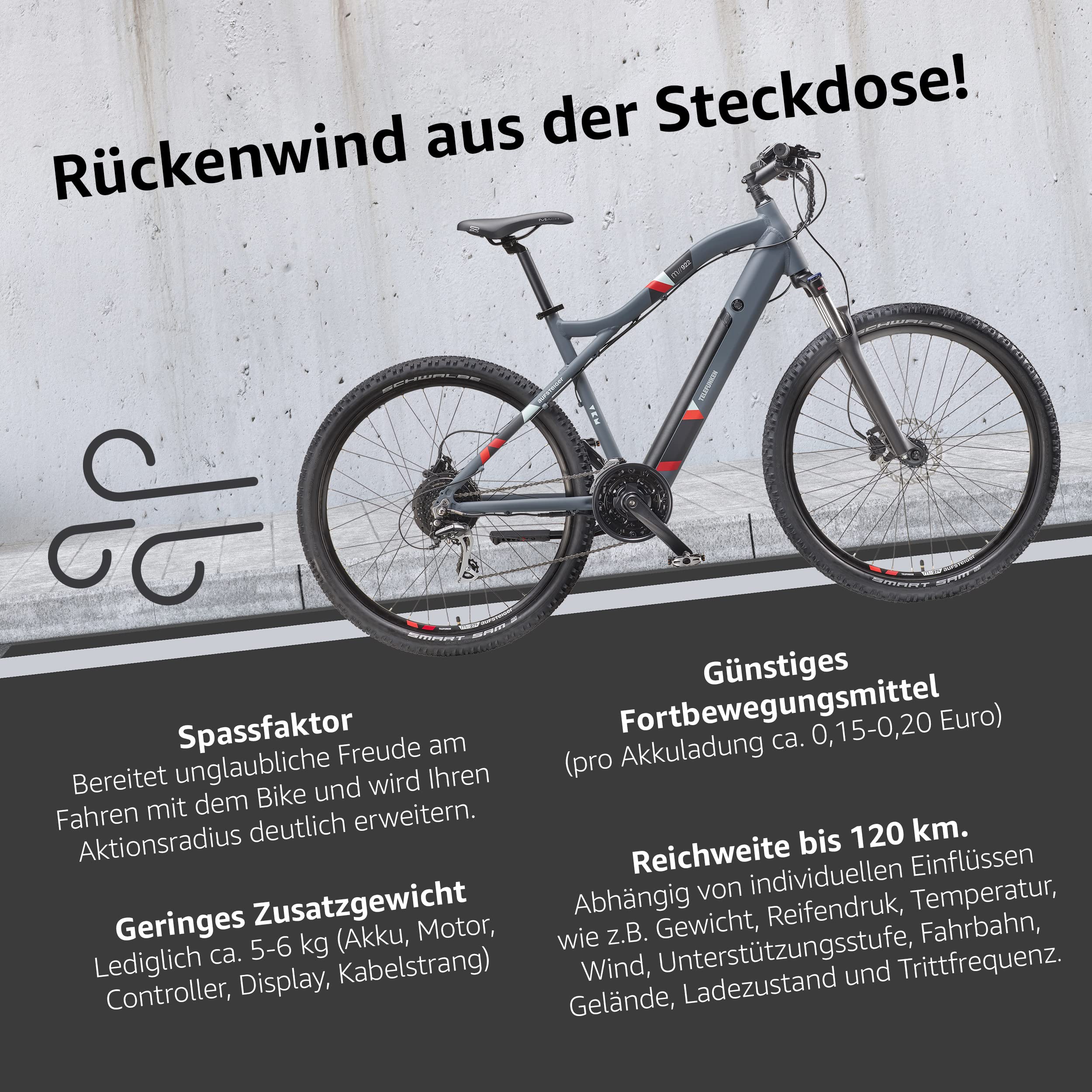 TELEFUNKEN E-Bike Mountainbike Elektrofahrrad Alu, 24 Gang Kettenschaltung - Pedelec MTB 27,5 Zoll, Hinterradmotor 250W, Scheibenbremsen, Grau, Aufsteiger M922