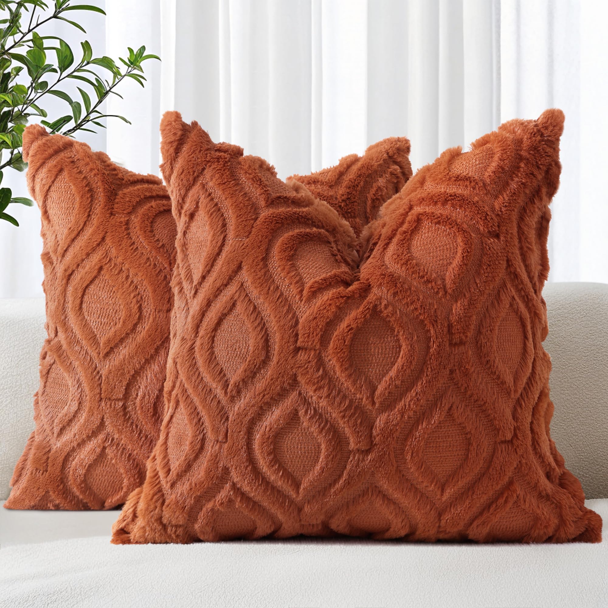 decorUhome Fall Throw Pillow Covers 18x18 Inch Set of 2, Soft Plush Decorative Faux Fur Rust Solid Couch Pillow Covers, Accent Farmhouse Neutral Square Euro Pillow Cases for Sofa Bed Living Room