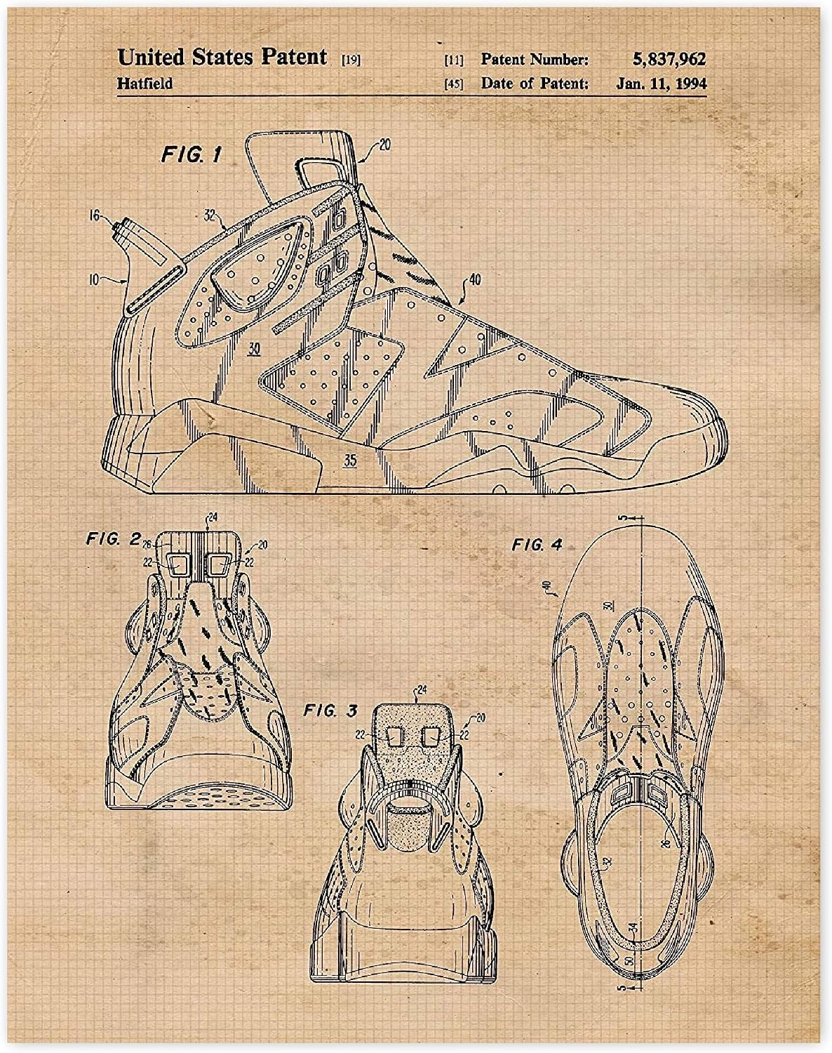 Classic Basketball Sneakers Patent Prints, 1 (11x14) Unframed Photos, Wall Art Decor for Home Work Office Jordan AF 6 Studio Fitness Lounge Gym School Student Teacher Coach National Team League