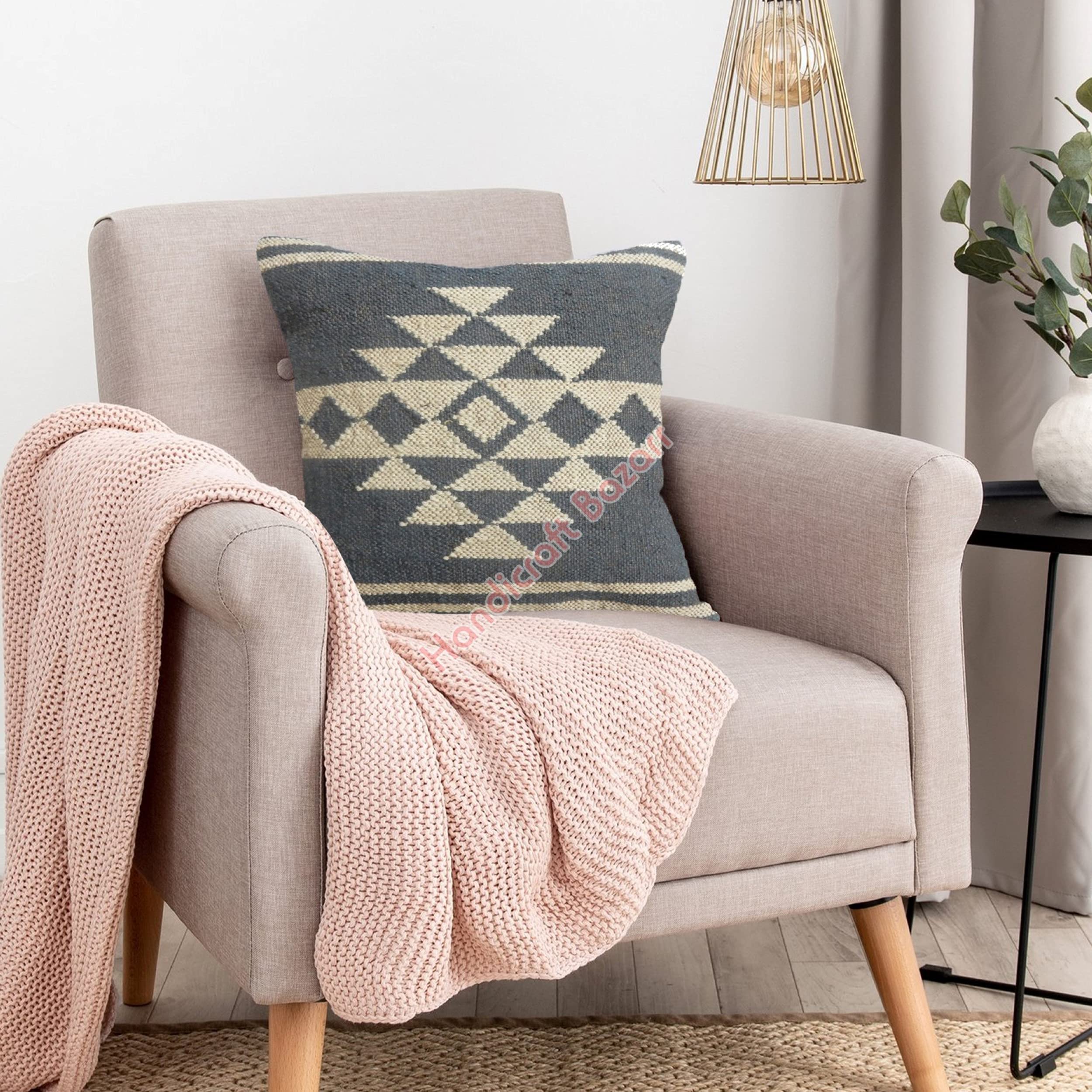 Handicraft Bazarr Wool Jute Standard Pillow Case Central Room Cushion Cover 18 X18 Inch Kilim Back Cushion Case Sofa Pillow Cover