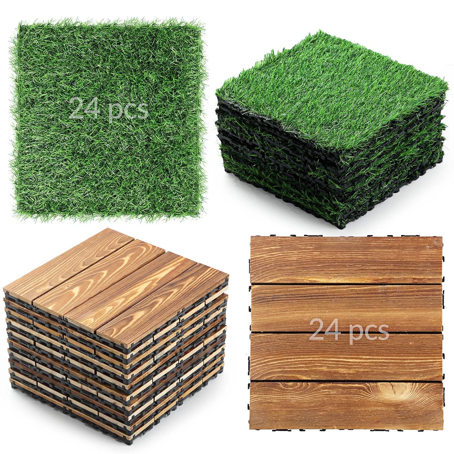 48 Pcs Hardwood Interlocking Patio Deck Tile and Artificial Grass Tile Waterproof Wood Flooring Tile Interlocking Turf Tile Outdoor Self Draining Tile for Balcony Garden Patio Lawn, 12x12 in