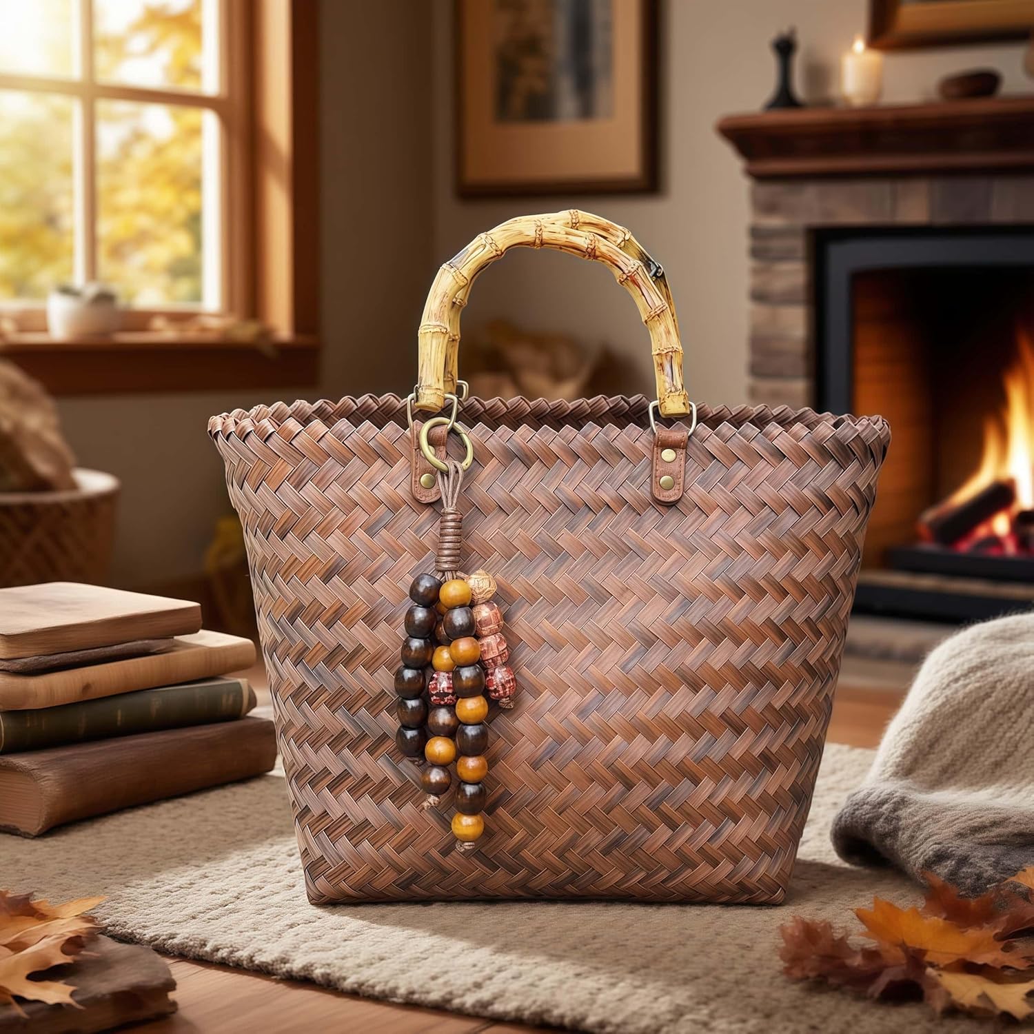 Handcrafted Artistic Patterned Wooden Beaded Keychain, Modern Bohemian Tassel Purse Charm, Delicate Artisan-Made Bag Ornament for Tote Bag - Image 4