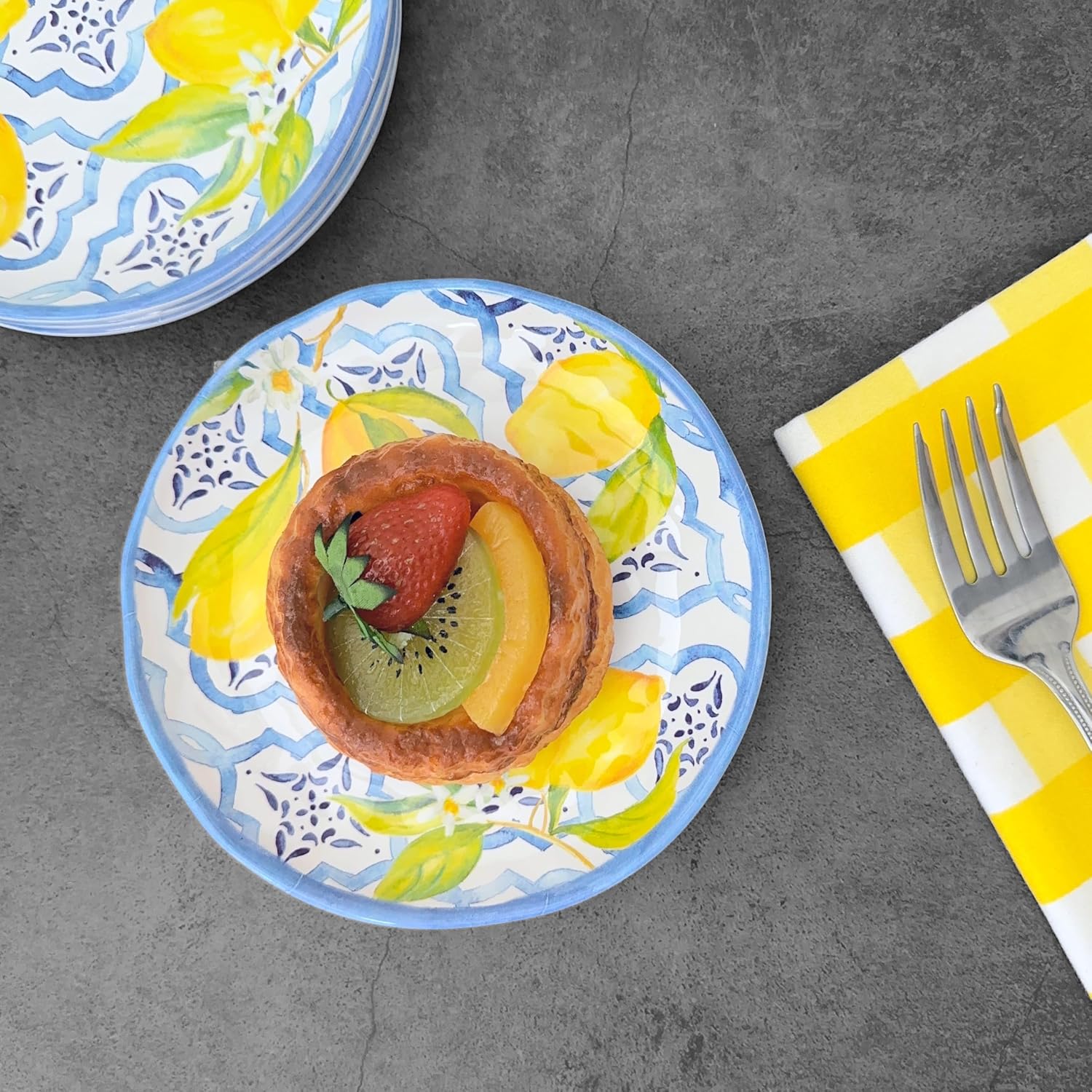 UP Lovely Lemons Melamine Round Dessert Plates, Small Serving Plates, for Appetizer, Snacks, and Side Dishes, Blue and Yellow, 6 Inch, Set of 4