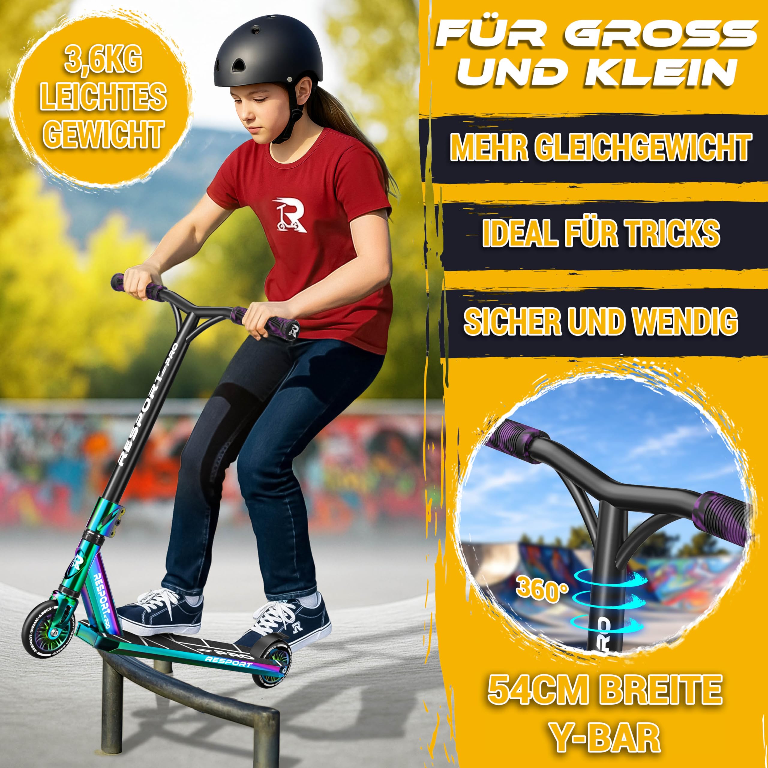 RE:SPORT® Stunt Scooter REVO PRO für Kinder & Erwachsene mit Ständer | Profi Stuntroller 110mm PU Wheels & Y-Bar | Stuntscooter Kickscooter ABEC 9 Kugellager | Tretroller Trickroller