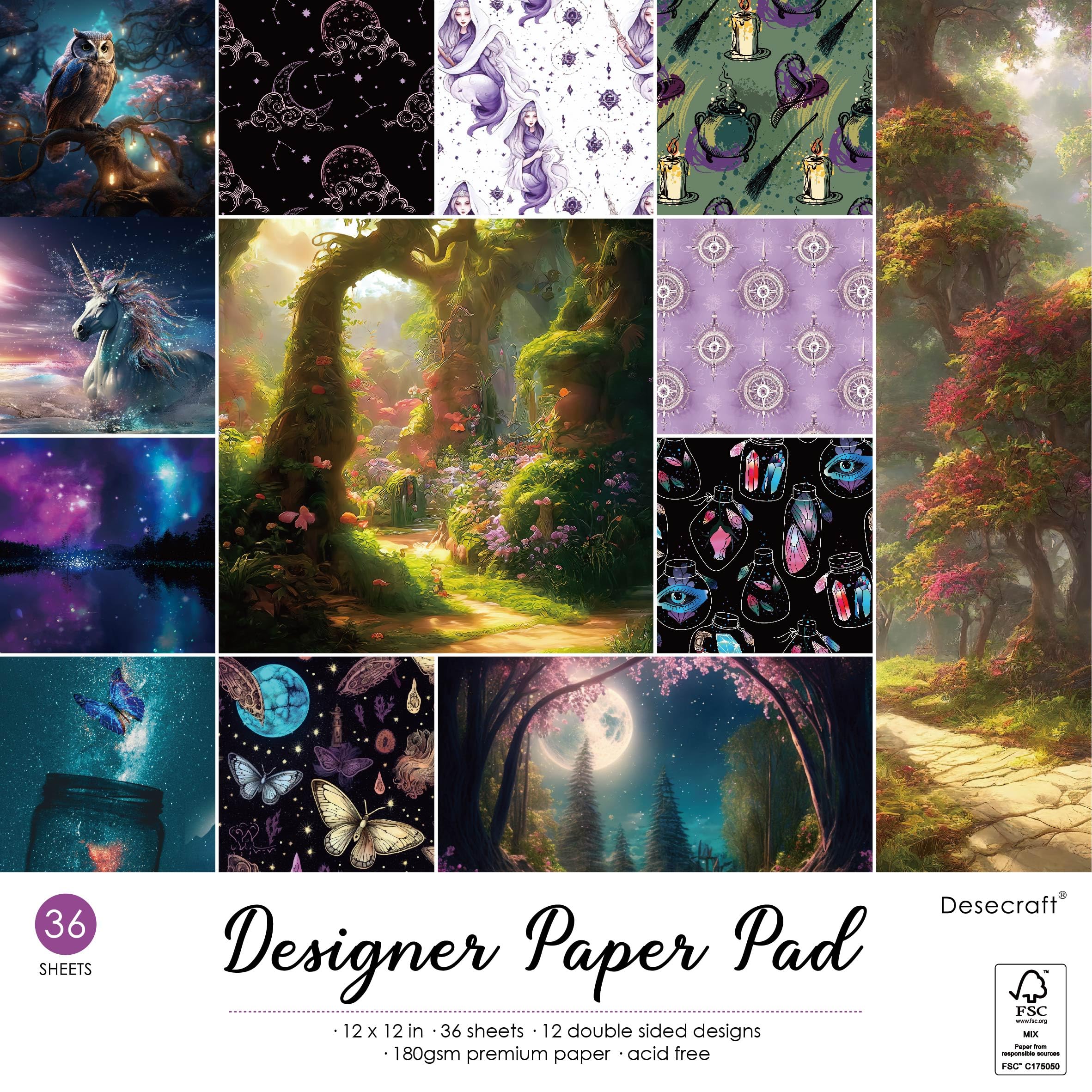 12x12 Fantasy Forest Paper Pad Pack, 36 Sheets, 12 Designs, 180gsm, FSC Material, Ideal for Scrapbooking, Card Making, Art