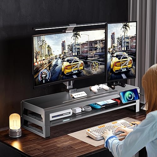 Miniatura 6 de Soporte de 2 niveles de metal para monitor de computadora, estante de escritorio para computadora portátil y elevador de monitor, de 700 mm de