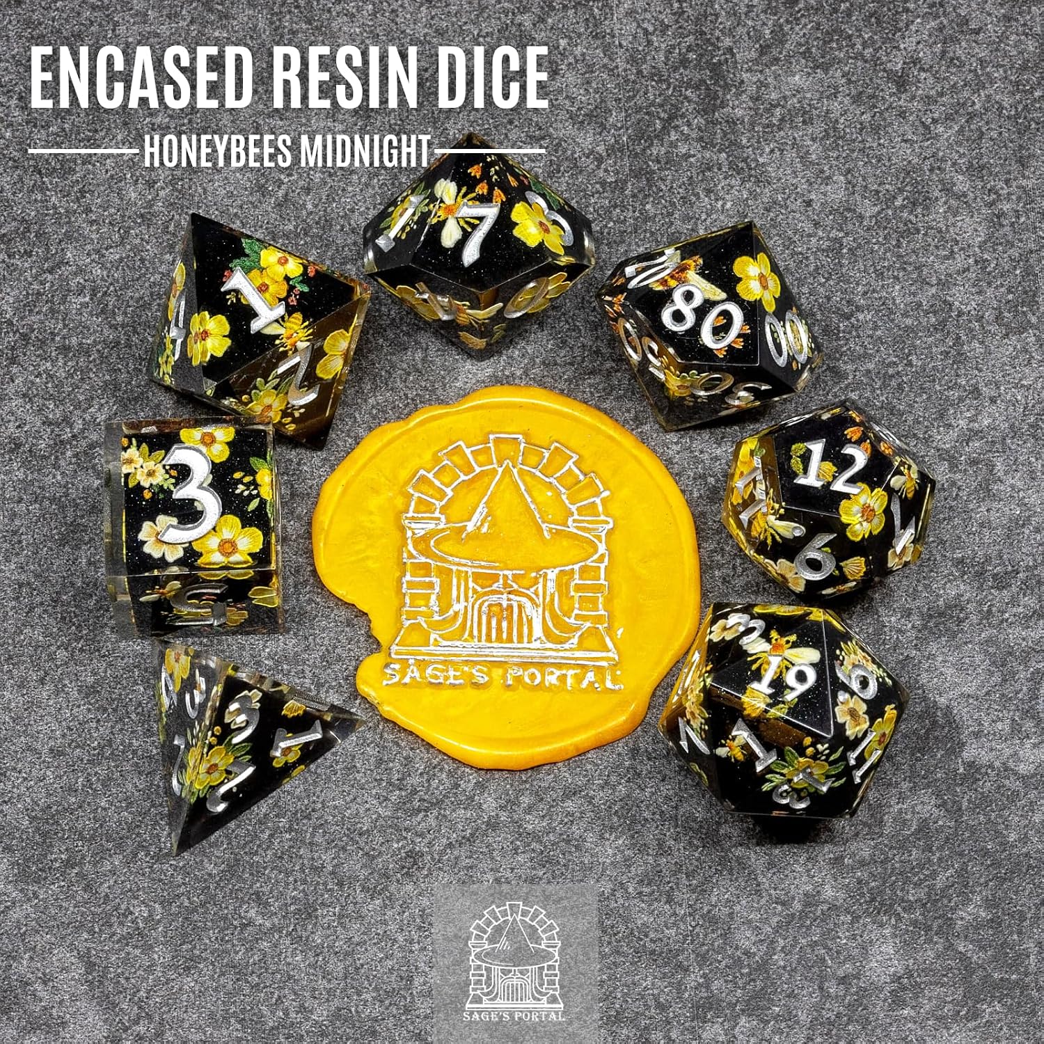 Sage's Encased Sharp Edge Resin Polyhedral Dice Set Unique 7 Piece Inner Core DND Dice for TTRPG Dunegons and Dragons Pathfinder (Honeybees Midnight)