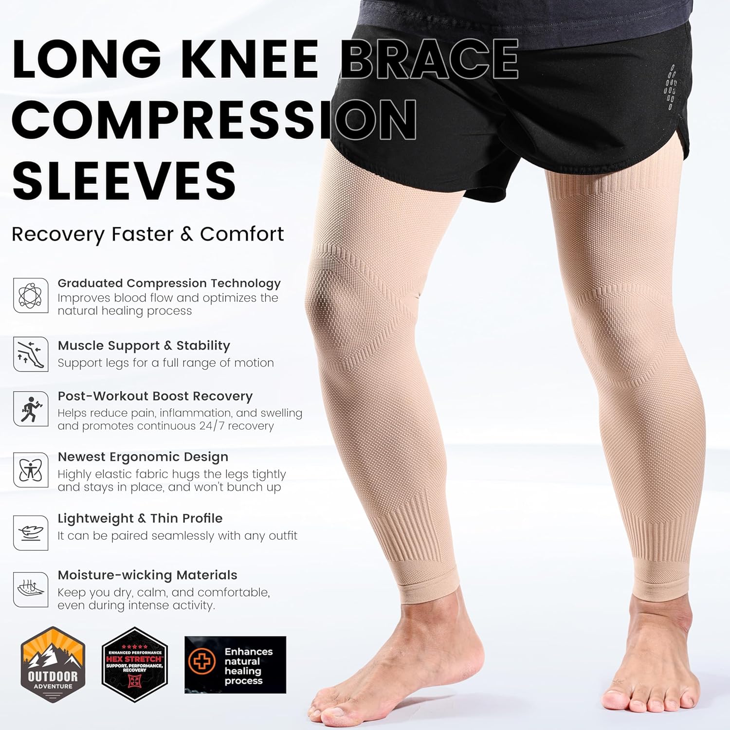 Full Leg Compression Sleeves for Men Women, Long Compression Knee Sleeves, Knee Braces Support for Knee Pain Relief, Arthritis, Muscle Recovery, Swelling, Inflammation, Basketball, Workout, Beige L