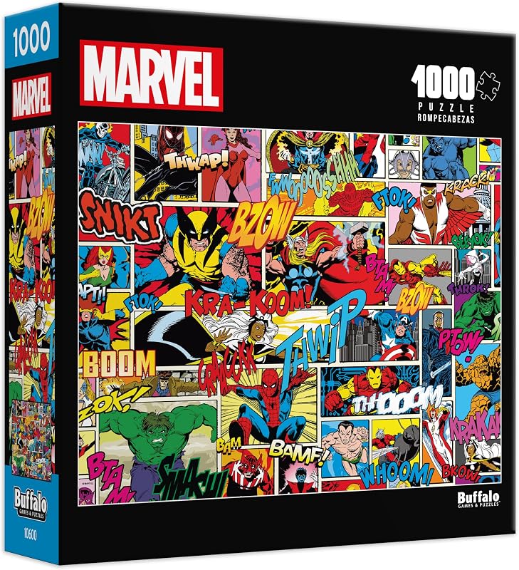 Collage de cómics de Marvel Comics Heroes - Rompecabezas de 1000 piezas | Con licencia oficial, Hecho en EE. UU., Tablero reciclado, tamaño terminado 26.75 x 19.75 in, incluye póster, regalo, arte enmarcable