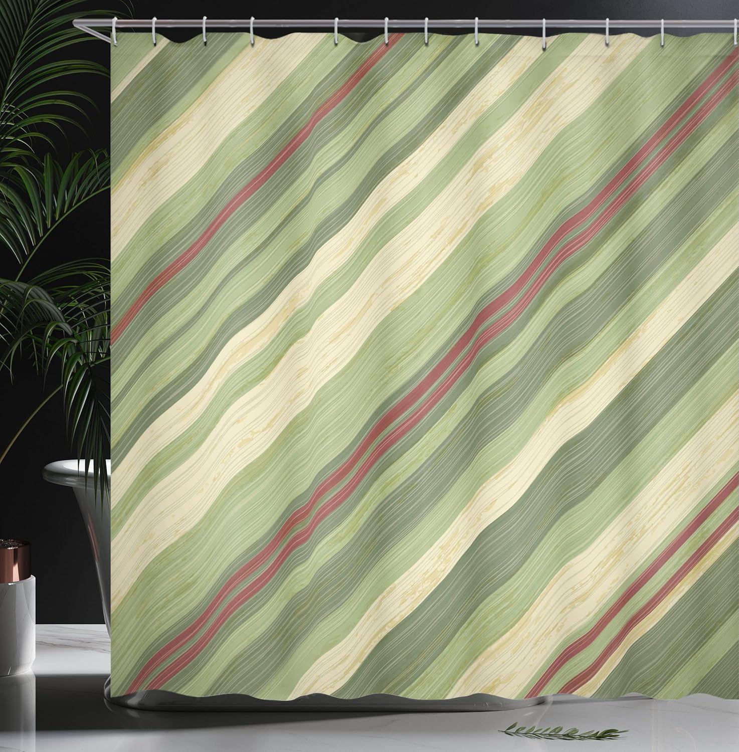 Ambesonne Vintage Shower Curtain, Red Green Diagonal Stripes on Old Aged Design Grungy Background Abstract Print, Cloth Fabric Bathroom Decor Set with Hooks, 69" W x 70" L, Green Cream
