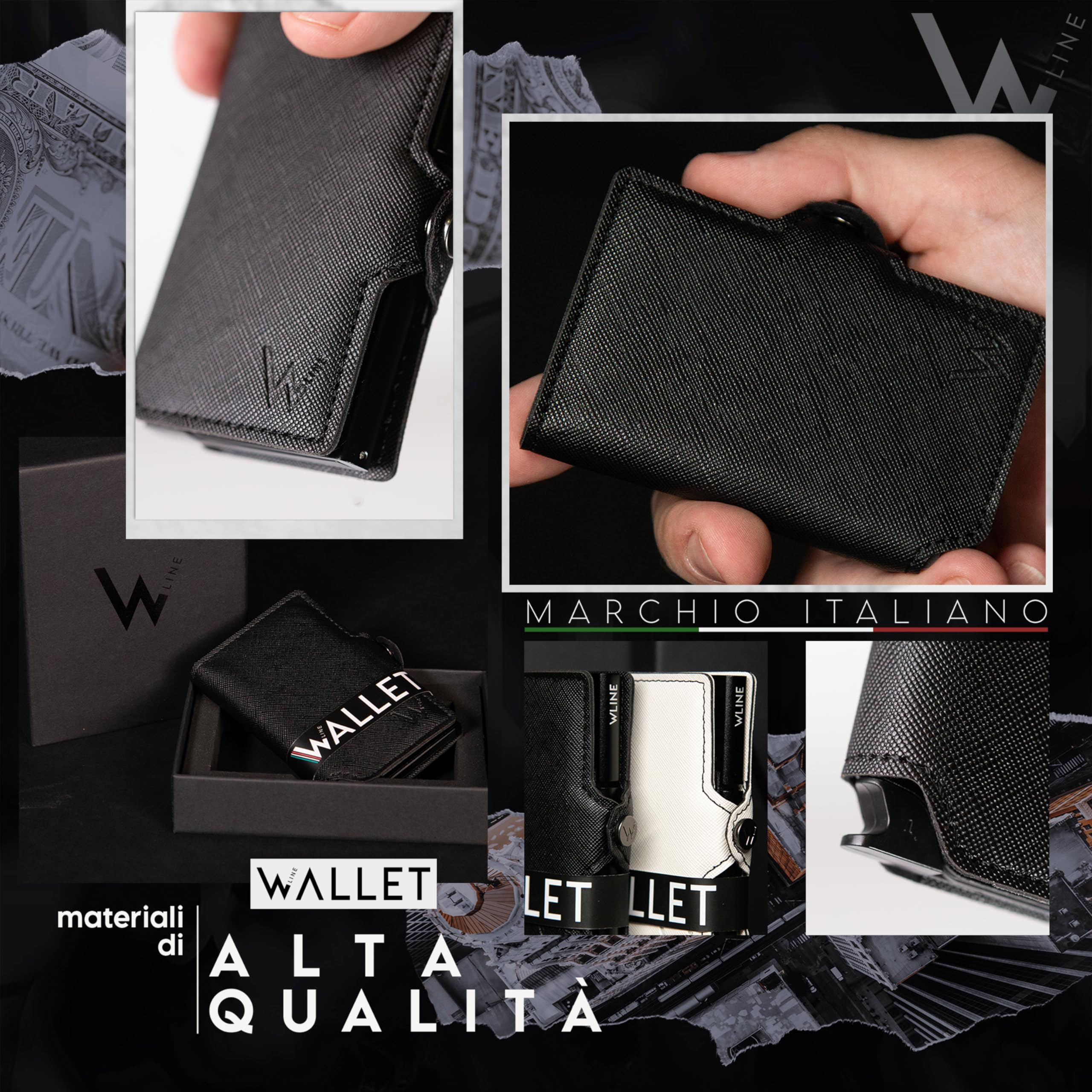 WLine Porta Carte di Credito Uomo e Donna Schermato in Pelle PU Saffiano - Portafoglio Uomo Slim Rfid Compatto ed Elegante - Portatessere Uomo Tascabile (Nero Saffiano senza Zip)