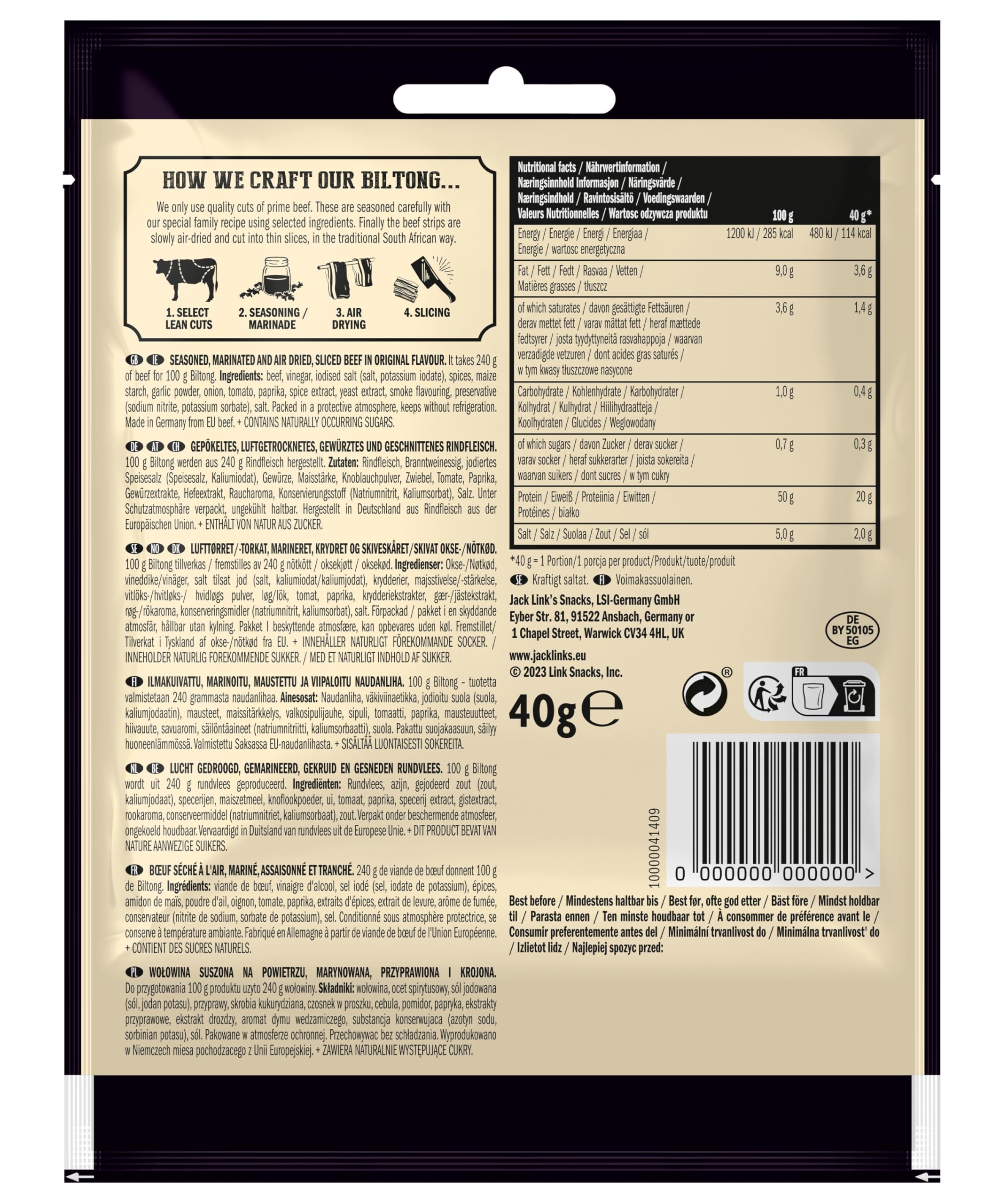Jack Link’s Biltong Jerky Original - Confezione da 12 (12 x 40 g) - Snack di carne senza glutine - Carne essiccata ricca di proteine per fitness - Snack proteico a basso contenuto calorico