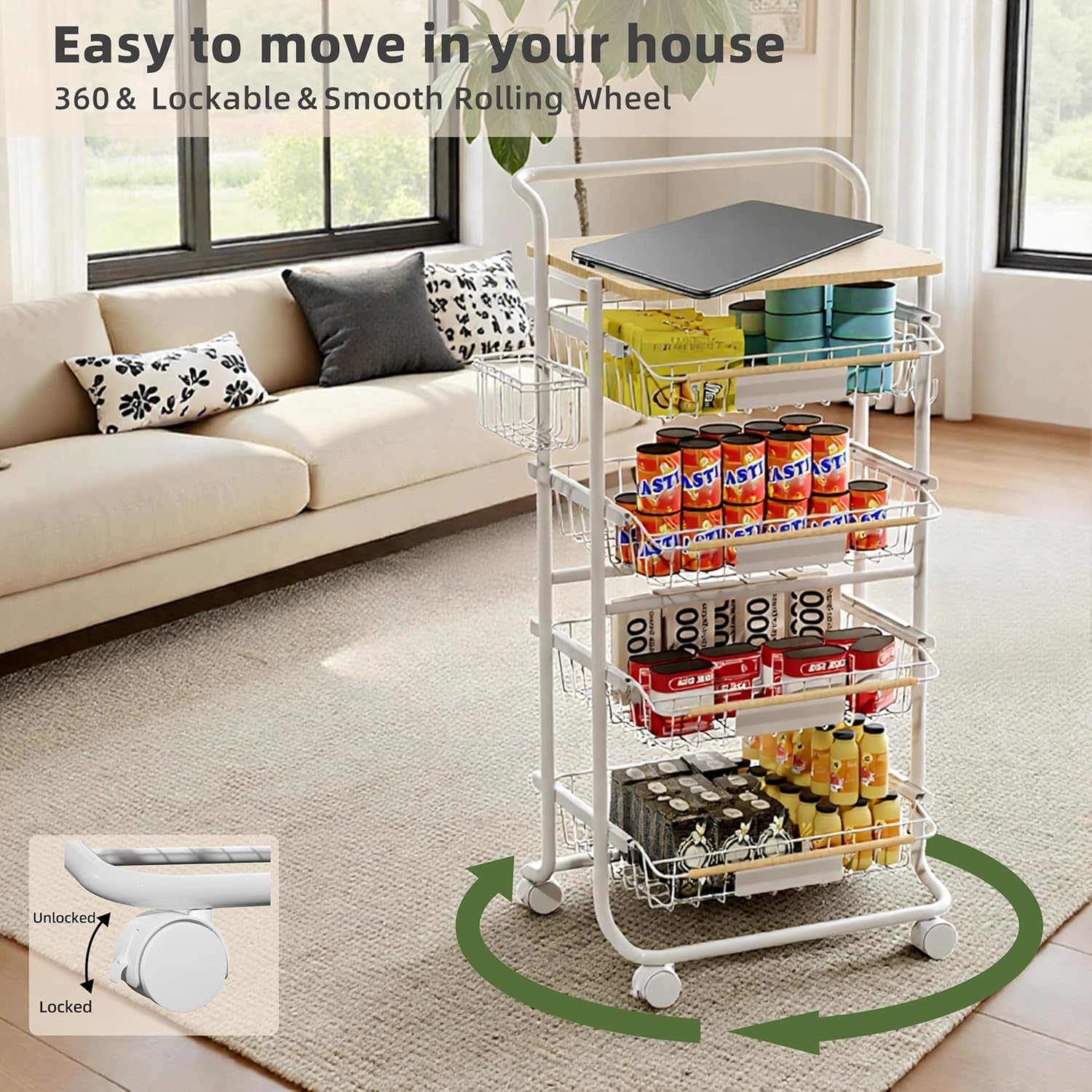 5-Tier Kitchen Organizer and Storage Cart, with Pull-Out Baskets and Wood Top, Rolling Pantry Kitchen Cart, for Fruit Potato Onion Vegetable Snack Produce, White