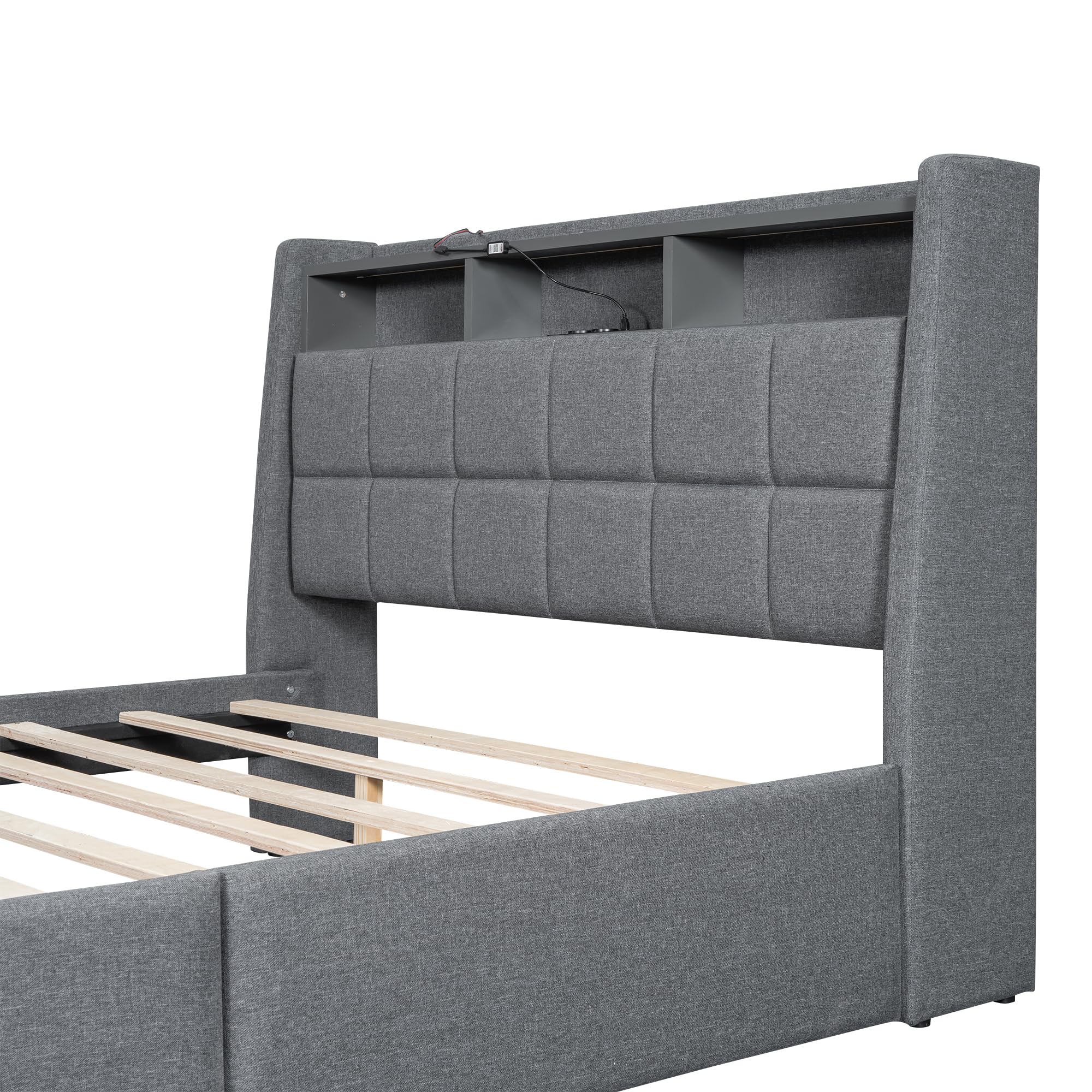 Zepneiy Lit 140 x 200 cm avec LED et USB, lit rembourré 140 x 200 cm avec tête de lit et tiroirs pliants, lit double avec sommier, espace de rangement, lit jeune, structure en lin gris