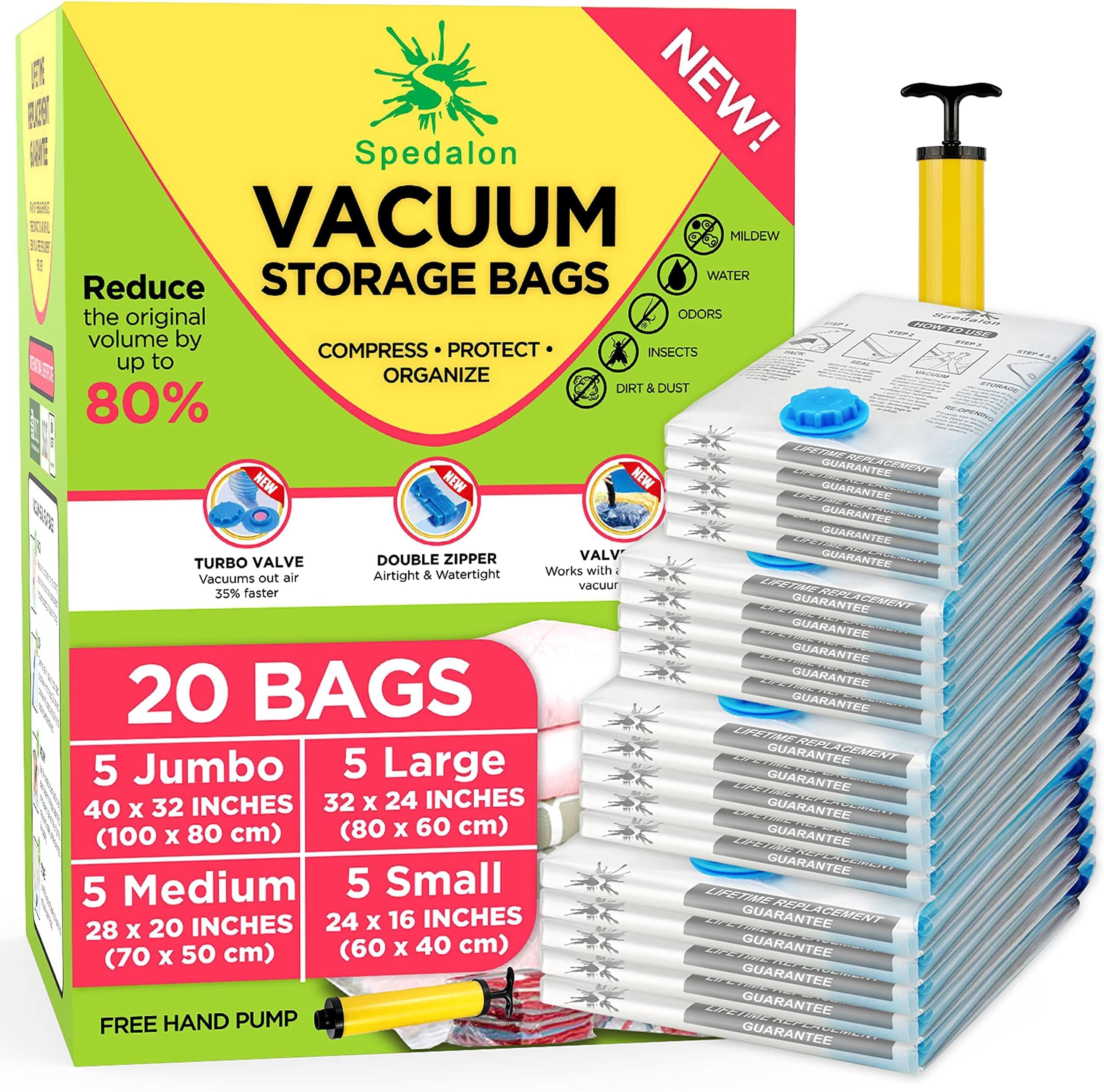 20 Space Saver Vacuum Storage Bags for Clothes, Blanket, Comforter, Bedding, Pillow, Mattress, Quilts (5x Jumbo, Large, Medium, Small) Moving Compression Sealer Bags with Hand Pump for Travel Packing