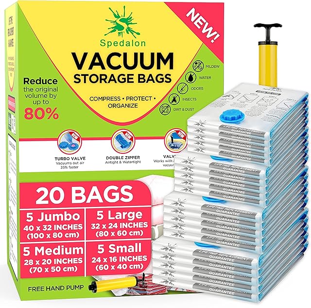 Vacuum Storage Bags - Pack of 20 (5 Jumbo + 5 Large + 5 Medium + 5 Small) ReUsable with free Hand Pump for travel packing | Best Sealer Bags for Clothes, Duvets, Bedding, Pillows, Blankets, Curtains