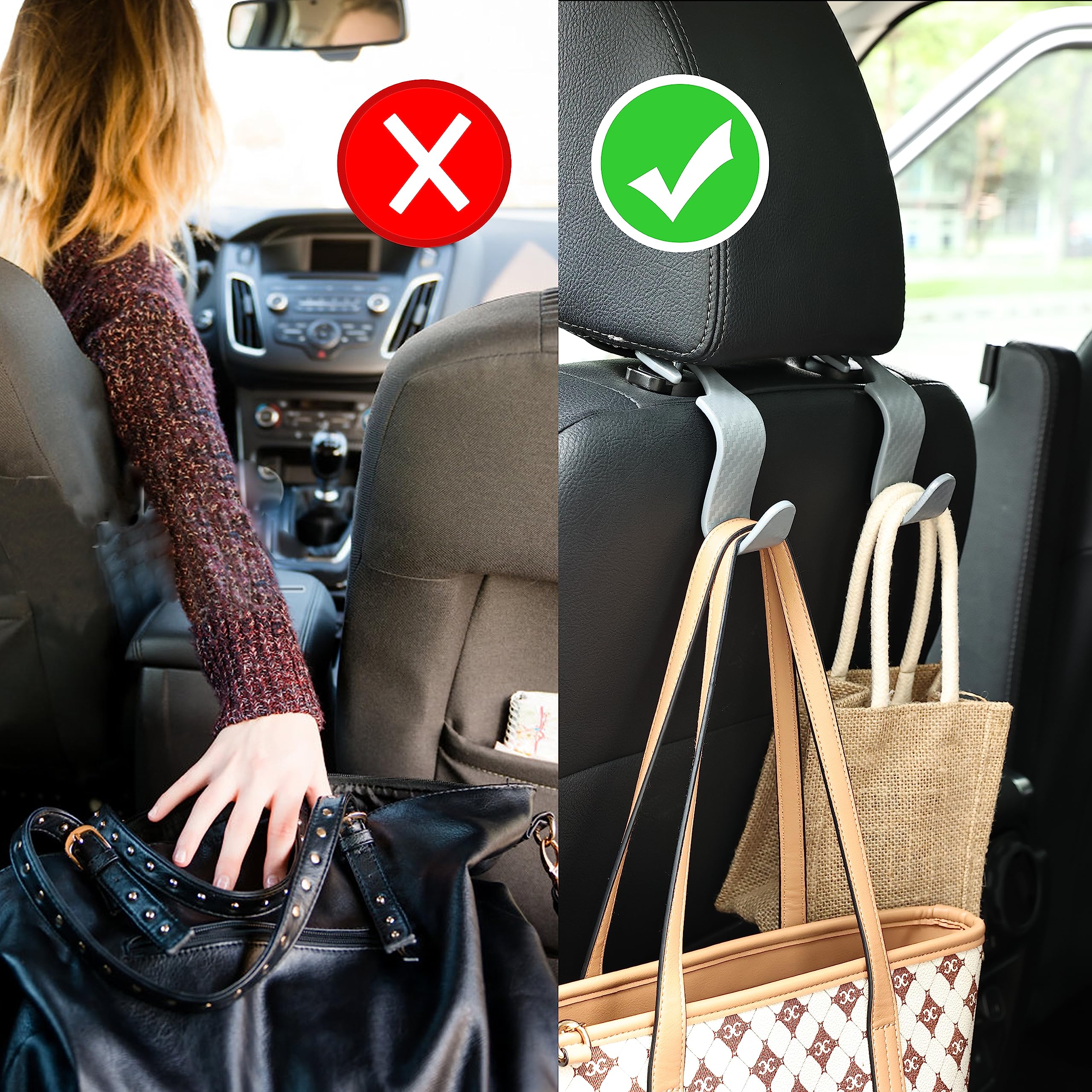 Car Seat Hooks - 4 Pack, Heavy Duty & Grey -7