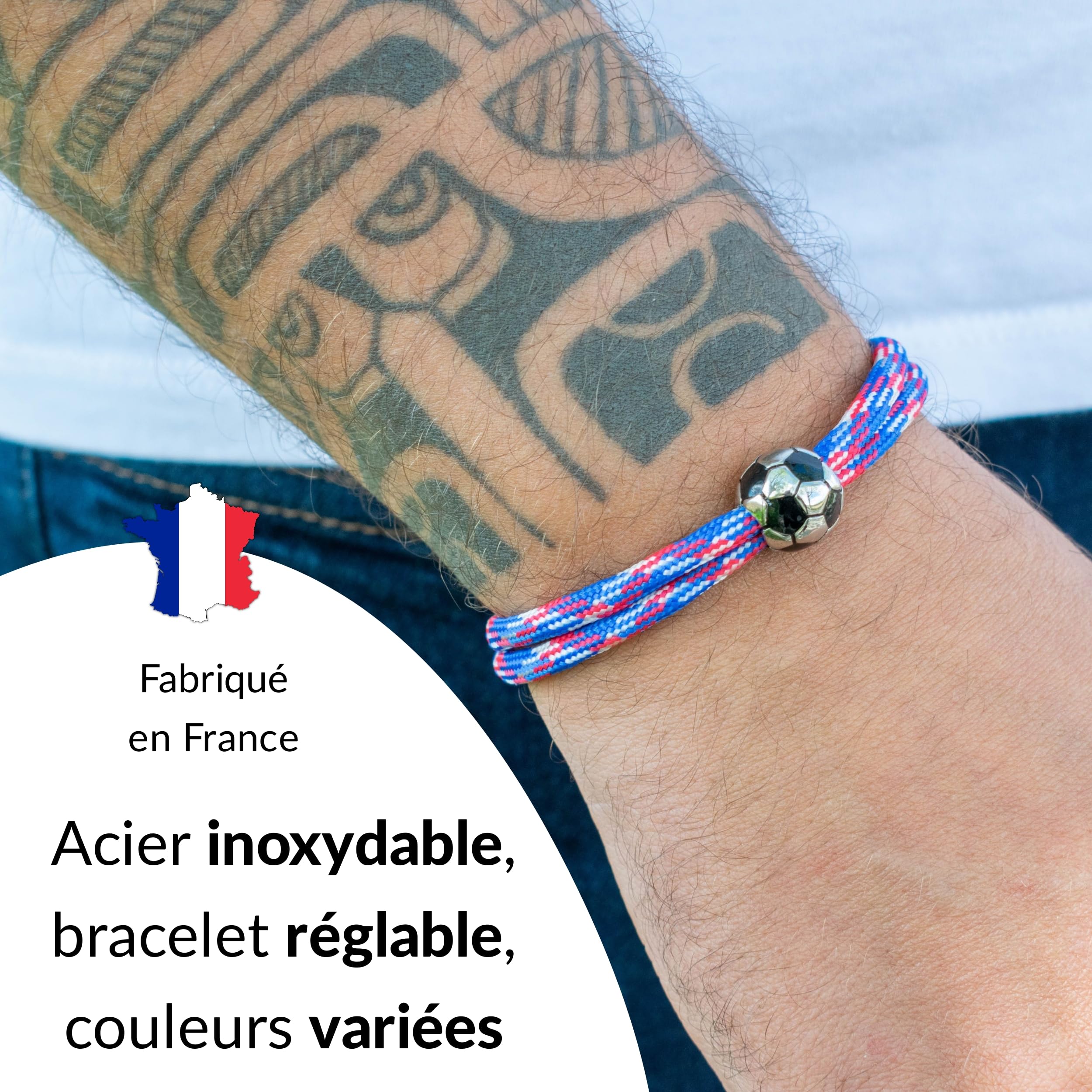 Ernestine - Bracelet Football réglable acier inoxydable - Idée cadeau foot homme enfant - Bracelet sport Foot - Cadeau Homme Noël anniversaire fête des pères - accessoire équipe Football