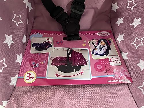 Miniatura 11 de Bayer Diseño Asiento de coche de lujo para muñeca - Estrellas rosas y blancas - Portabebés de viaje portátil para muñecas de hasta 18 ", parasol y
