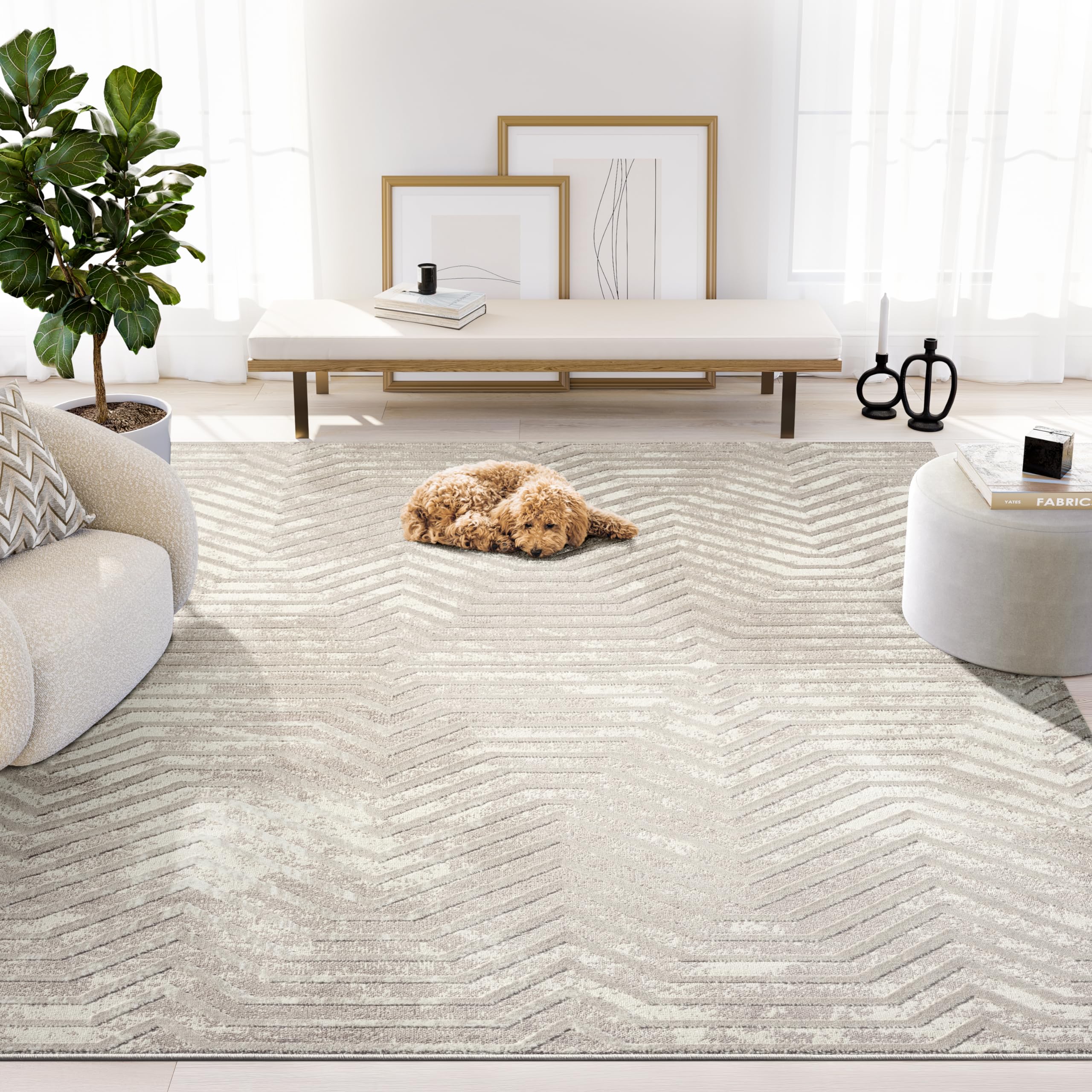 Abani Terra Cream 2' x 3' Area Rug for Living Room, Bedroom - Geometric Lines Pattern - Durable & Easy to Clean