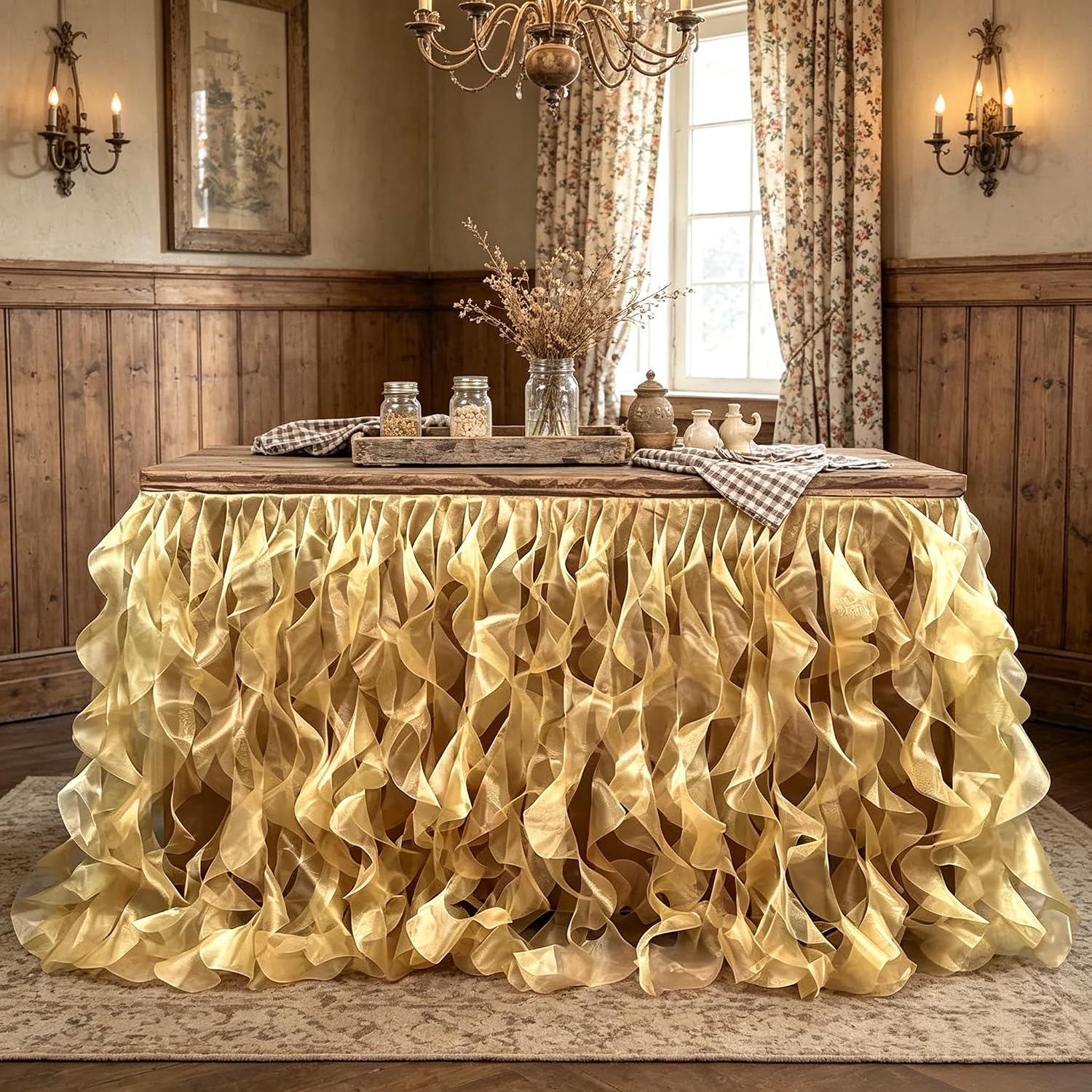 Luxury Organza Mesh Table Skirt Draping Floating Romance - Perfect for Bridal Showers, Birthday Weddings - Clear Flowing Decoration for a Wonderful Main Cake Table (Gold-9ft, 108" Lx30 H)
