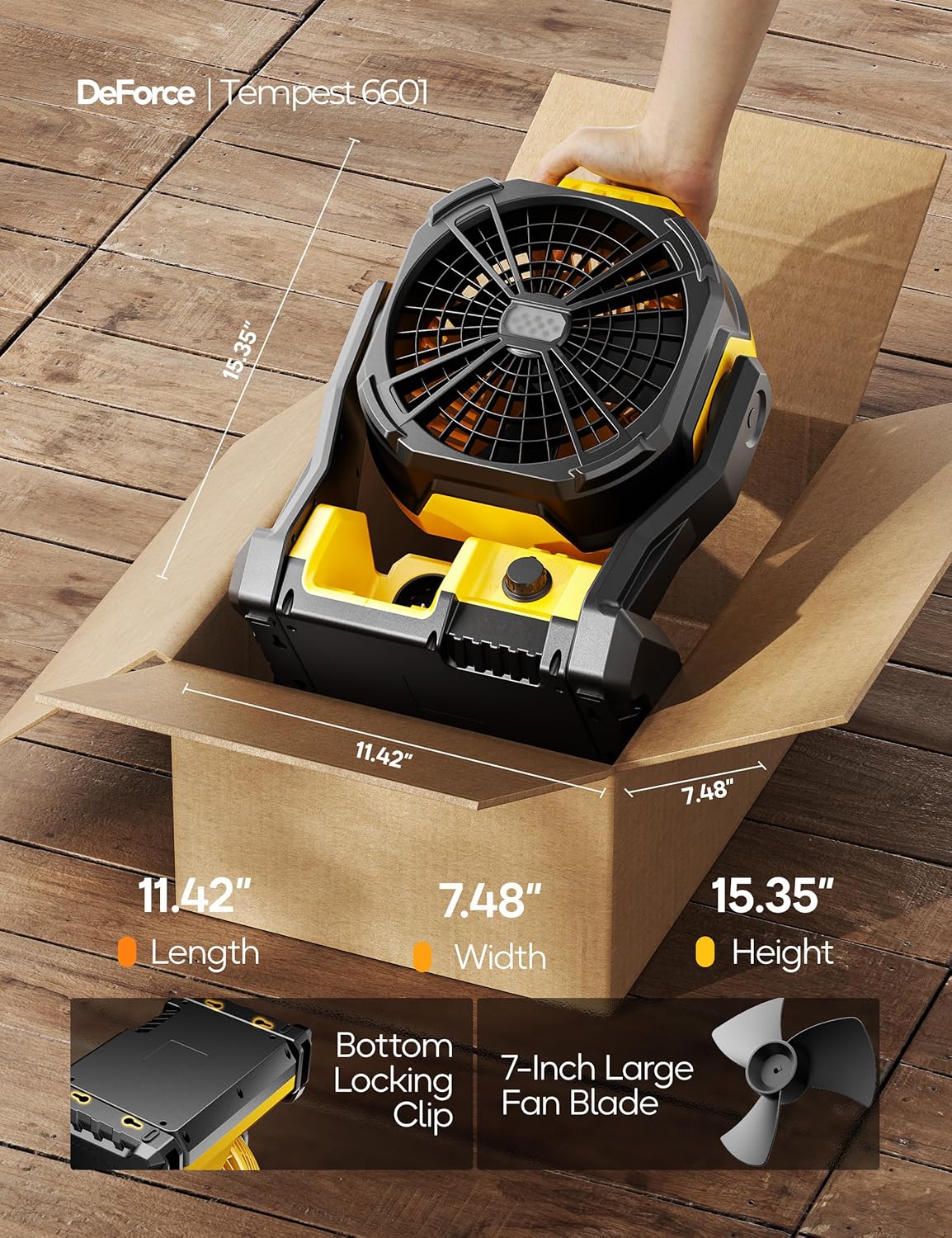 DeForce Battery Operated Fan, for DeWalt 20V Max Battery, Camping Fan Cordless, Option for Corded, with LED Lights, Variable Speed, Hook for Hanging, for Jobsite, Black(Battery Not Included) - Image 9